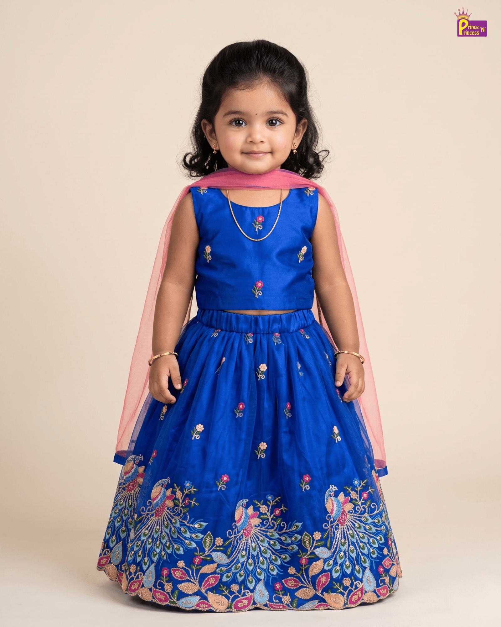 Royal Blue Peacock Embroidered Lehenga Choli with Pink Net Dupatta LC183 for kids festival wear