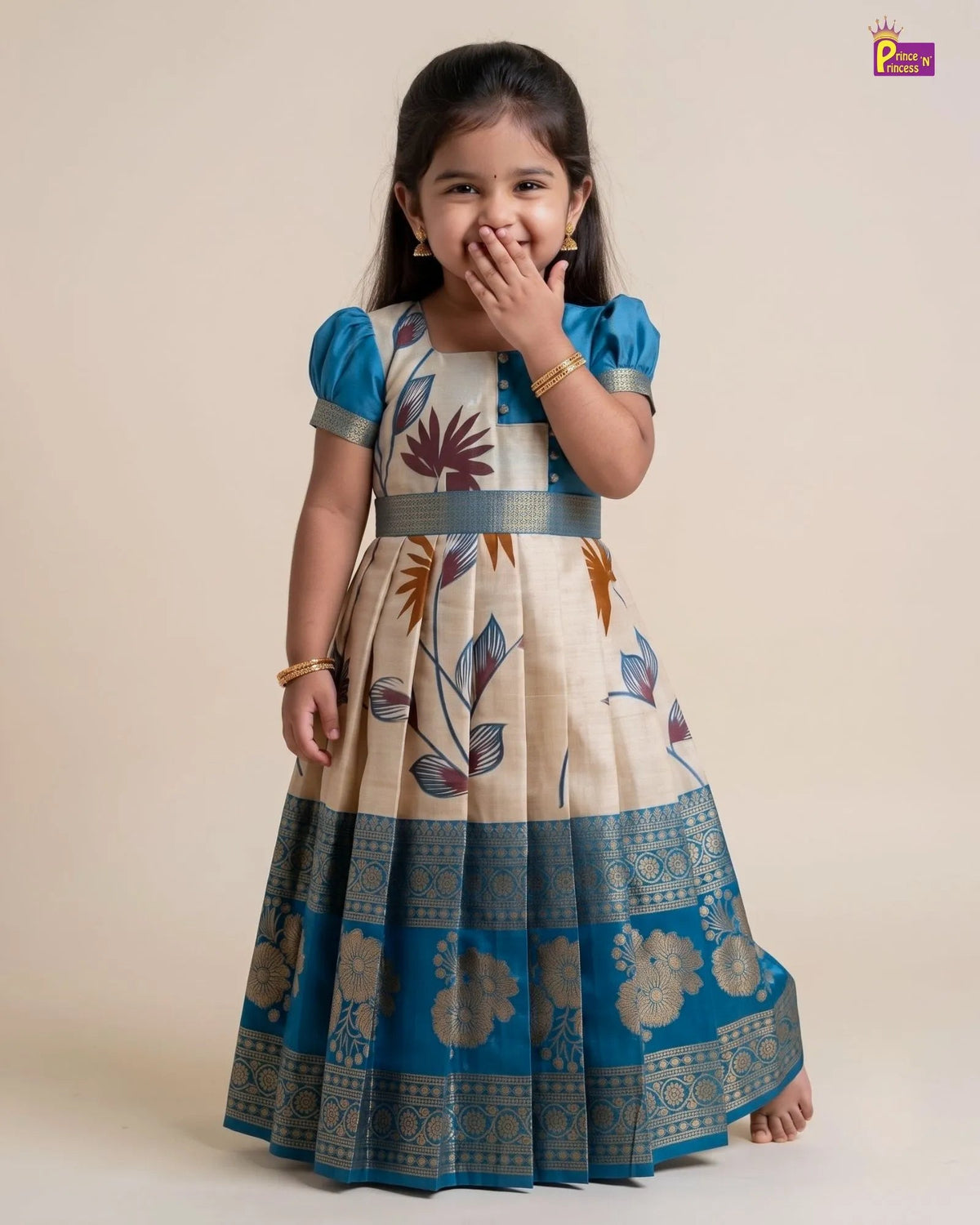 Sky Blue & Beige Cream Semi-Kanjivaram Art Silk Pattu Gown- PG745 for kids festival wear