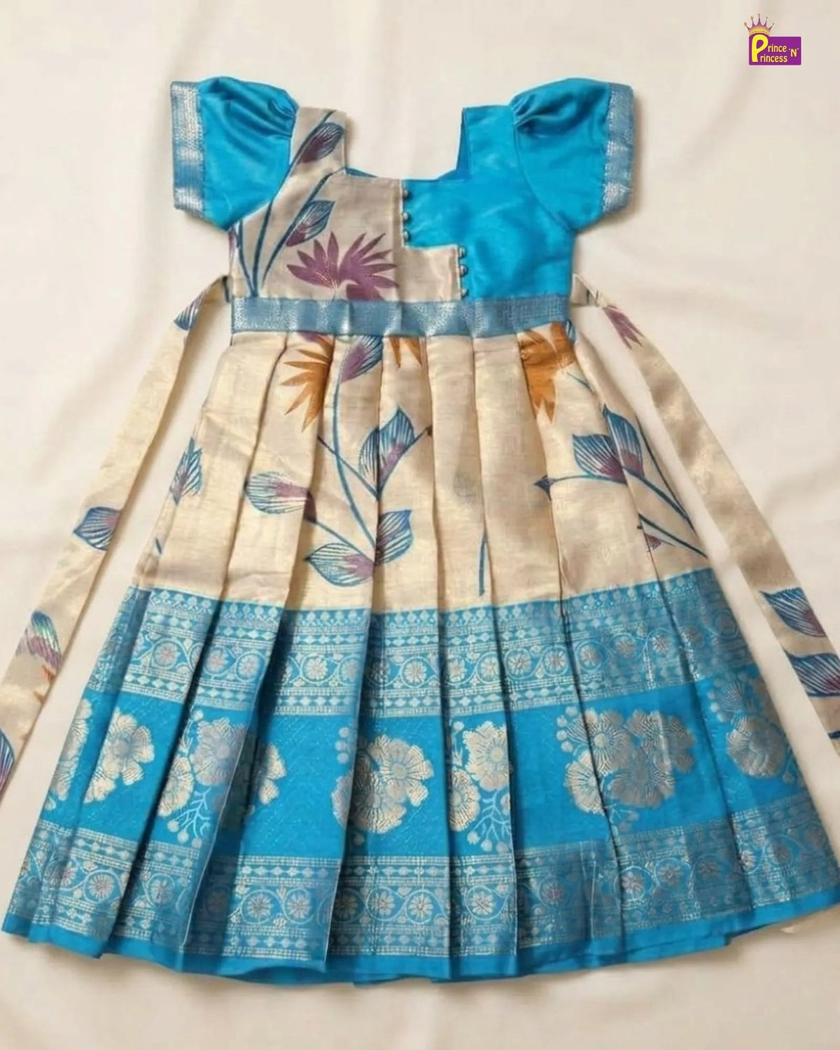 Sky Blue & Beige Cream Semi-Kanjivaram Art Silk Pattu Gown- PG745 for kids festival wear