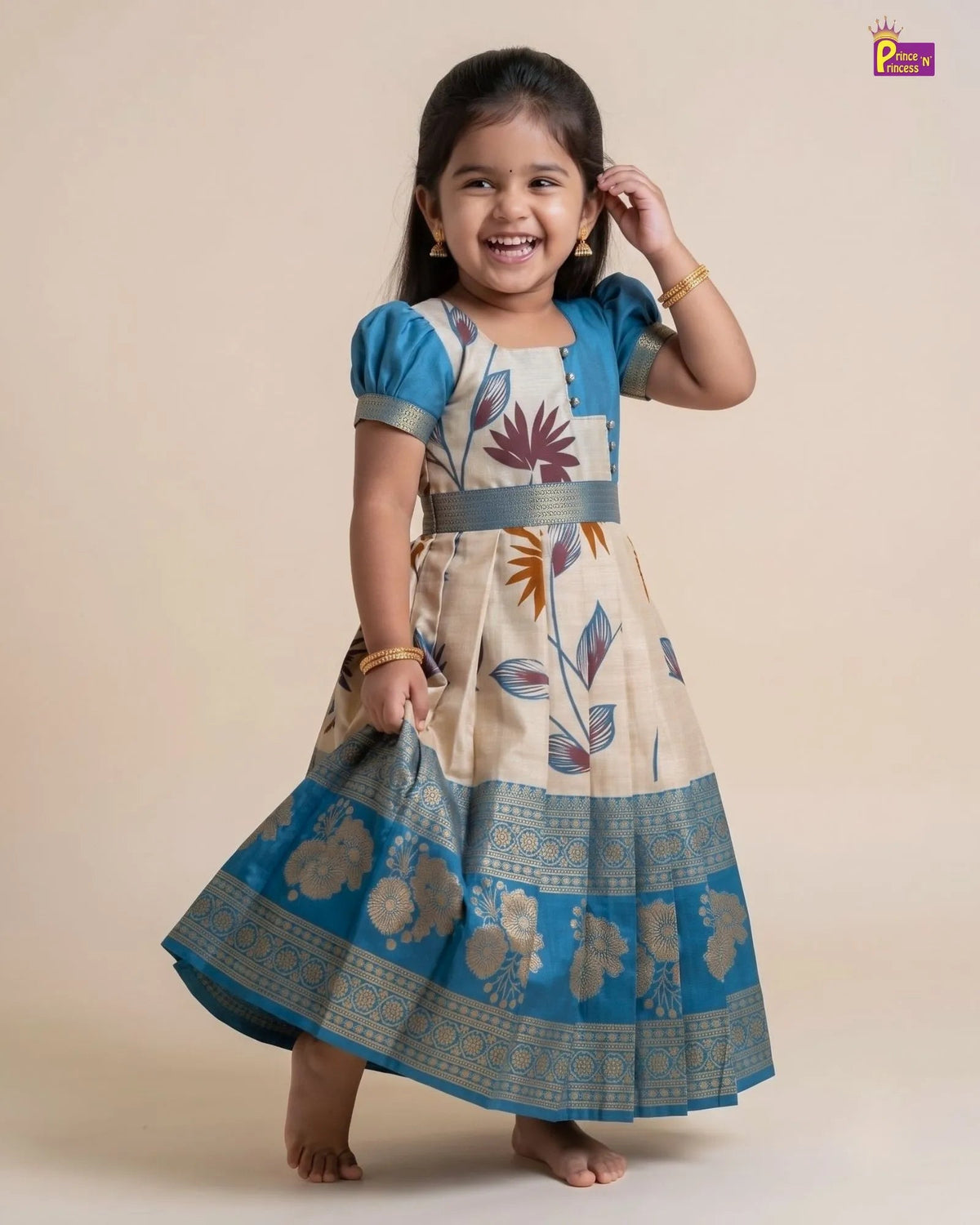 Sky Blue & Beige Cream Semi-Kanjivaram Art Silk Pattu Gown- PG745 for kids festival wear