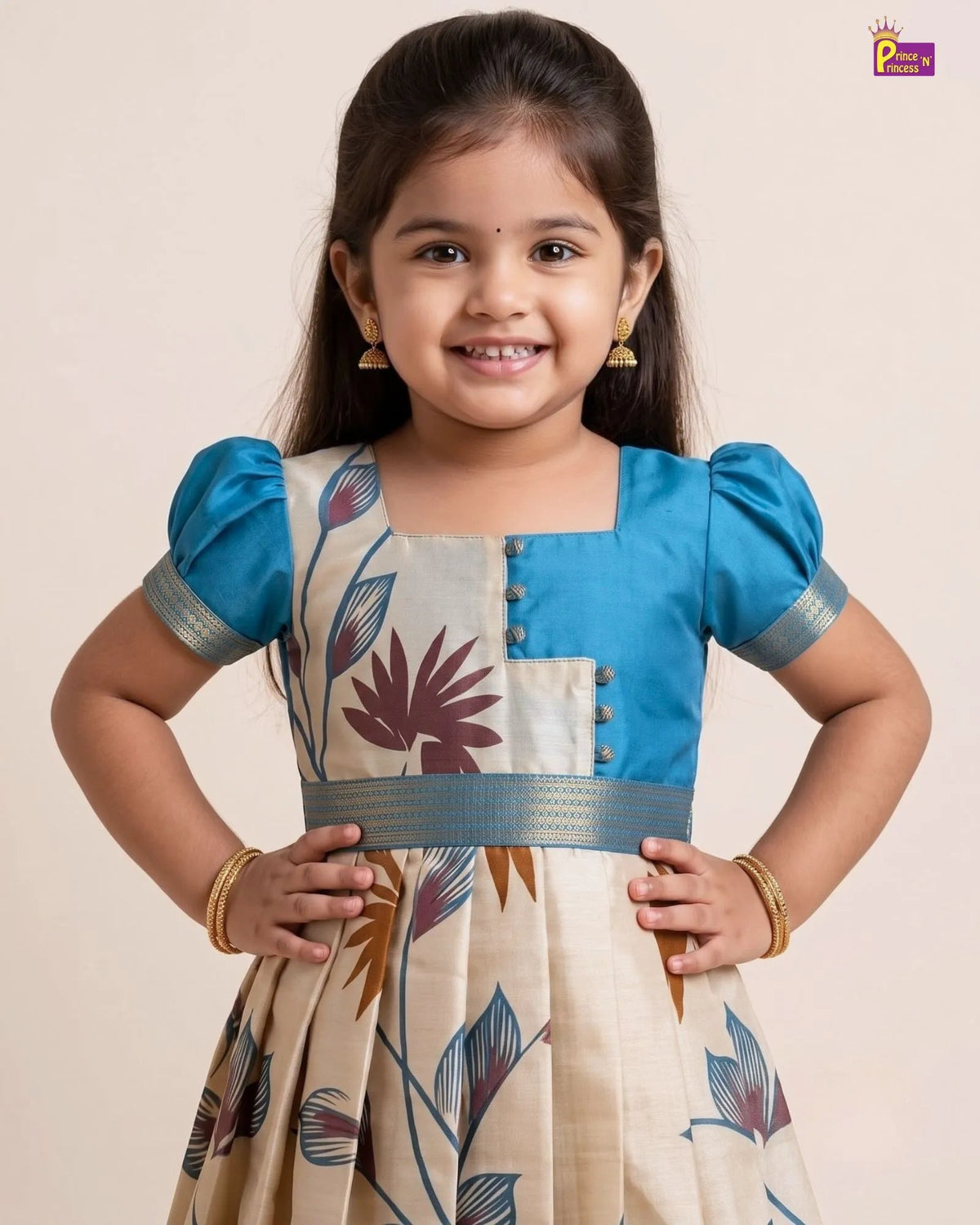 Sky Blue & Beige Cream Semi-Kanjivaram Art Silk Pattu Gown- PG745 for kids festival wear