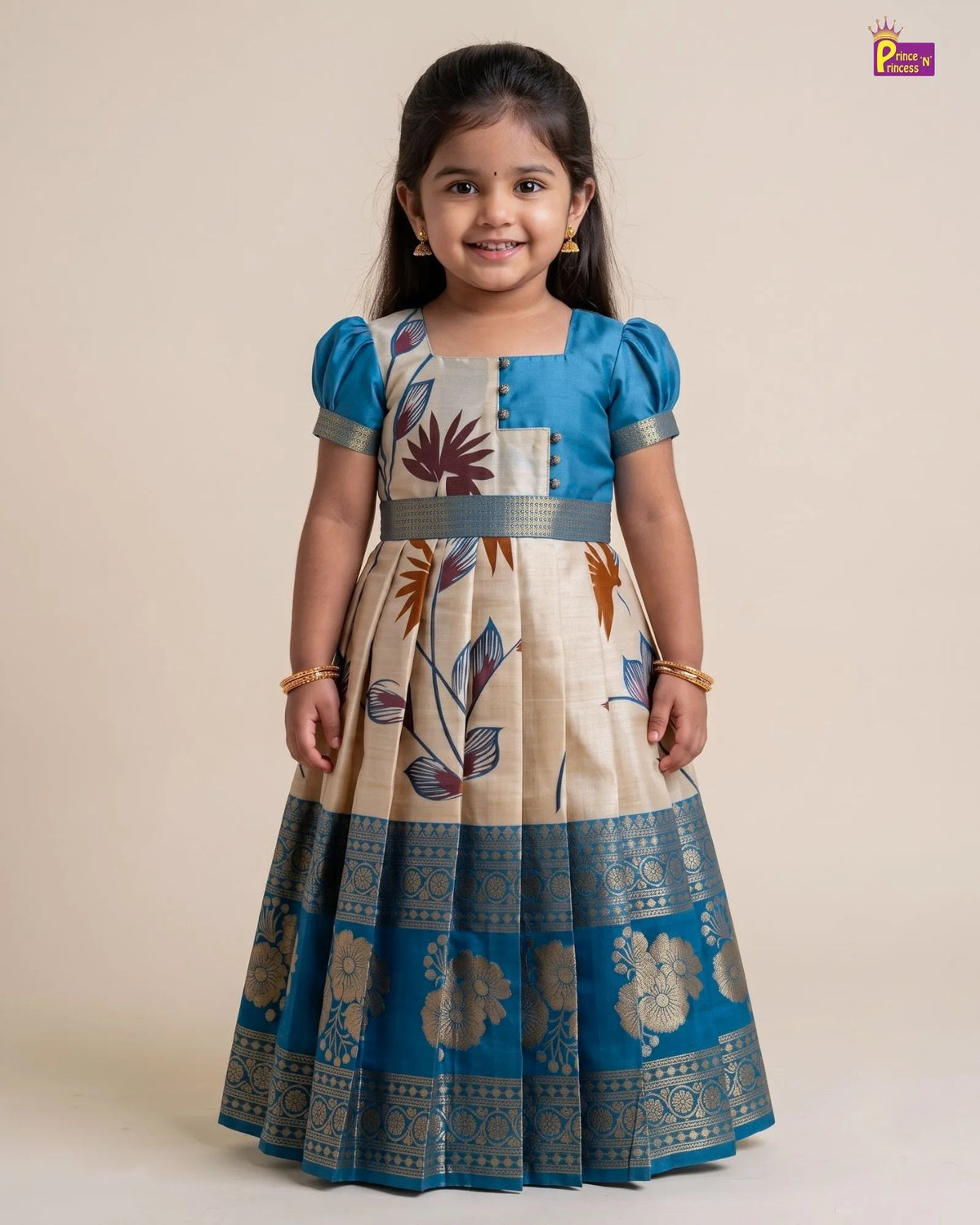 Sky Blue & Beige Cream Semi-Kanjivaram Art Silk Pattu Gown- PG745 for kids festival wear