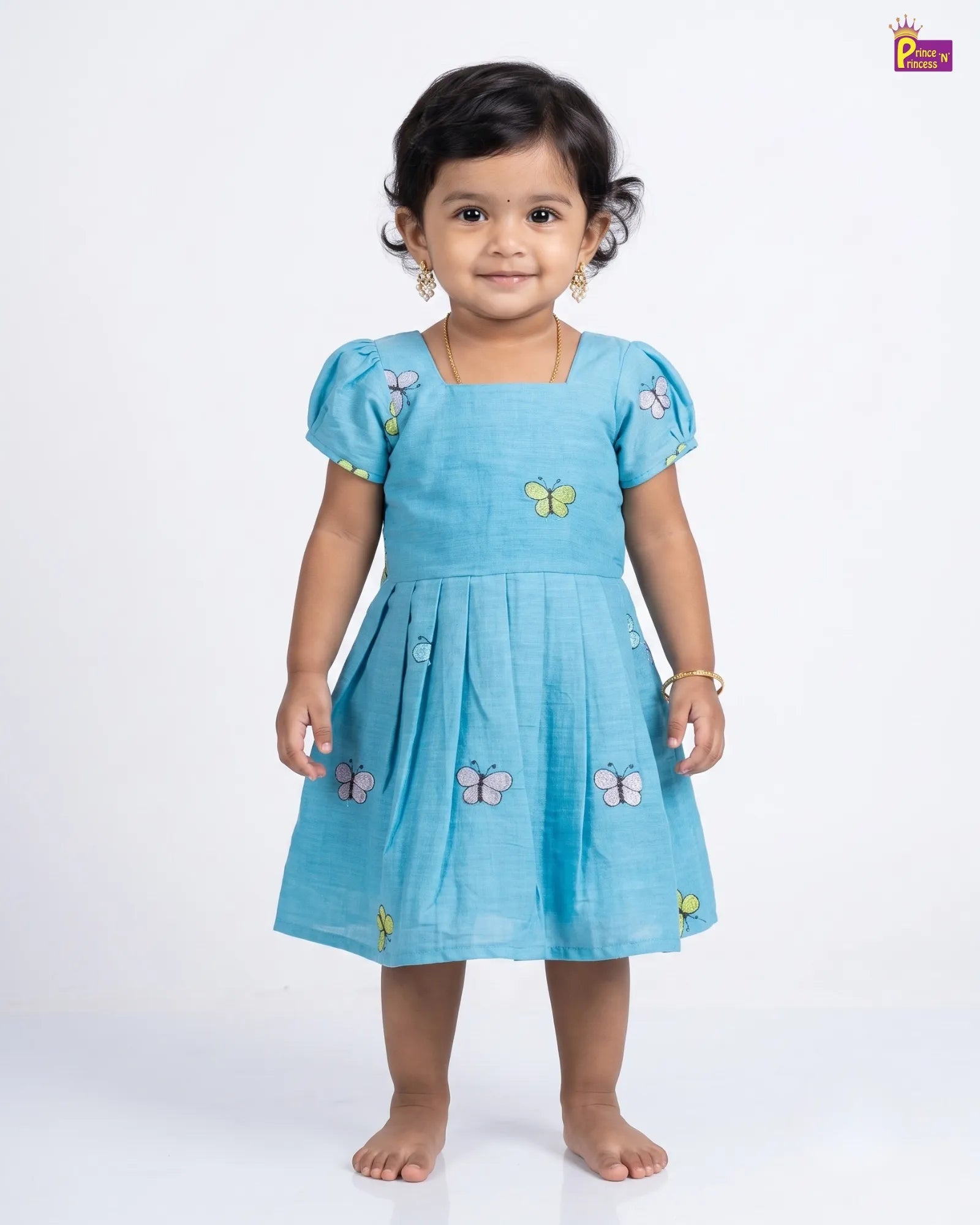Sky Blue Butterfly Embroidery Cotton Frock for Baby Girl | Square Neck CF379 for kids festival wear