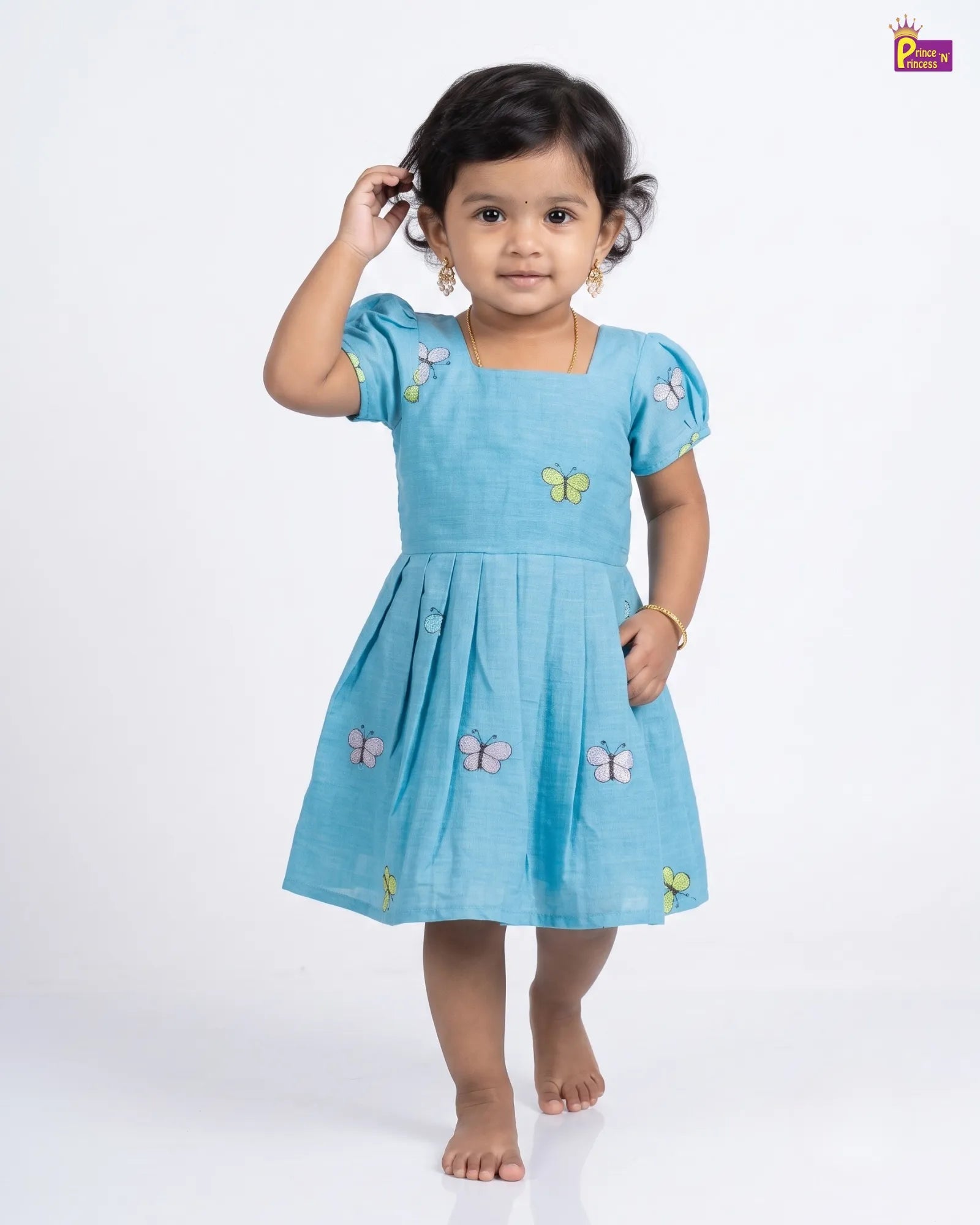 Sky Blue Butterfly Embroidery Cotton Frock for Baby Girl | Square Neck CF379 for kids festival wear