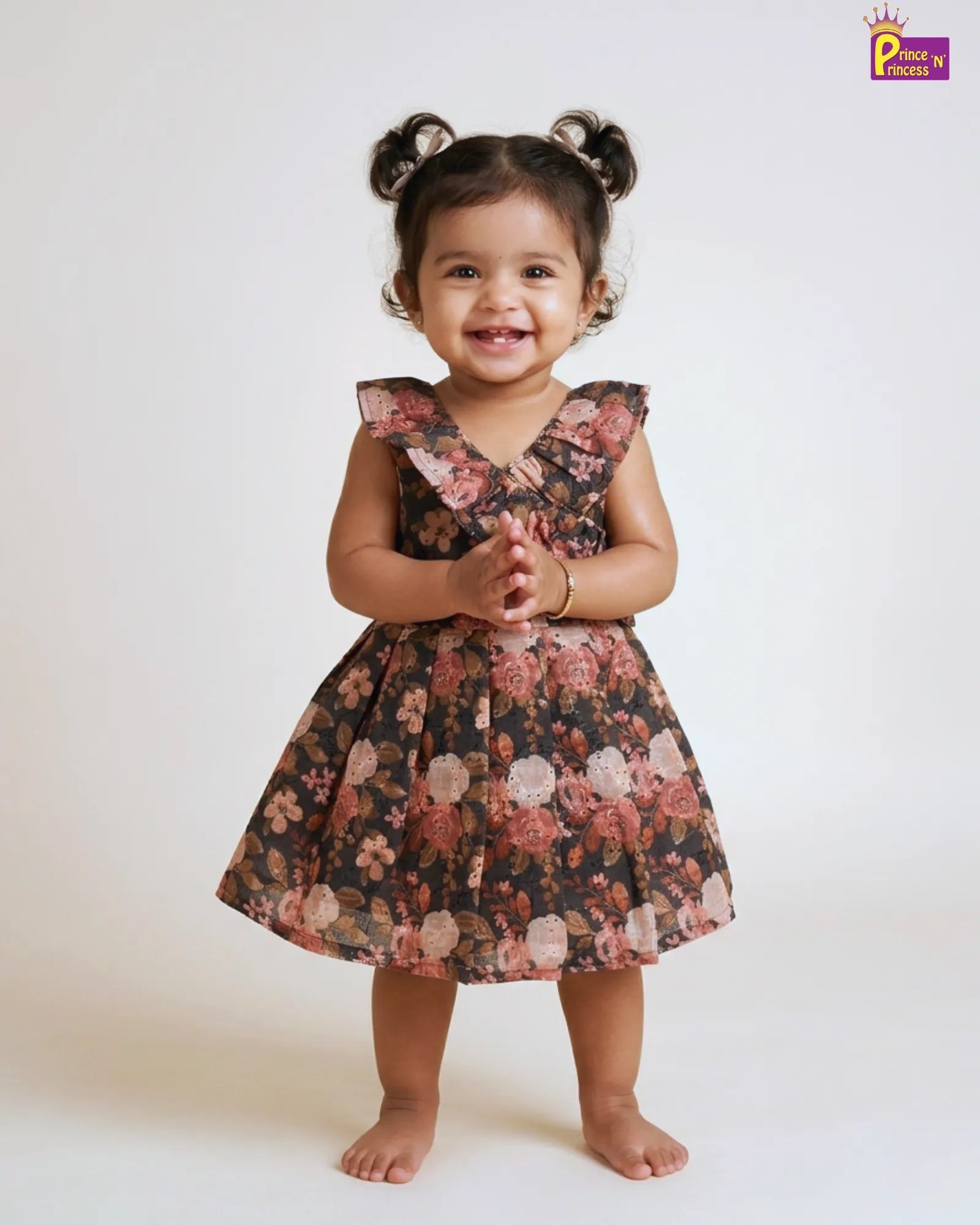 Baby girl wearing floral summer cotton frock brown casual kids dress for outings