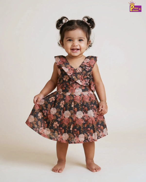 Baby girl wearing floral summer cotton frock brown casual kids dress for outings
