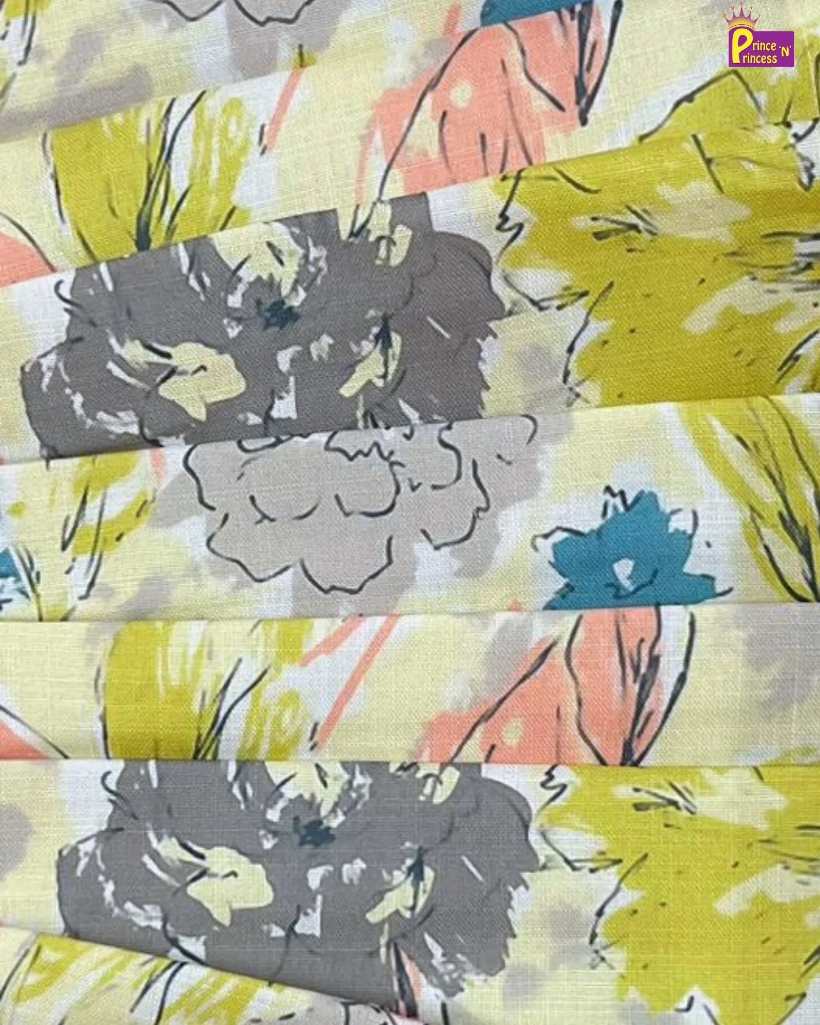 Colorful floral fabric swatch with gray flowers on a yellow background