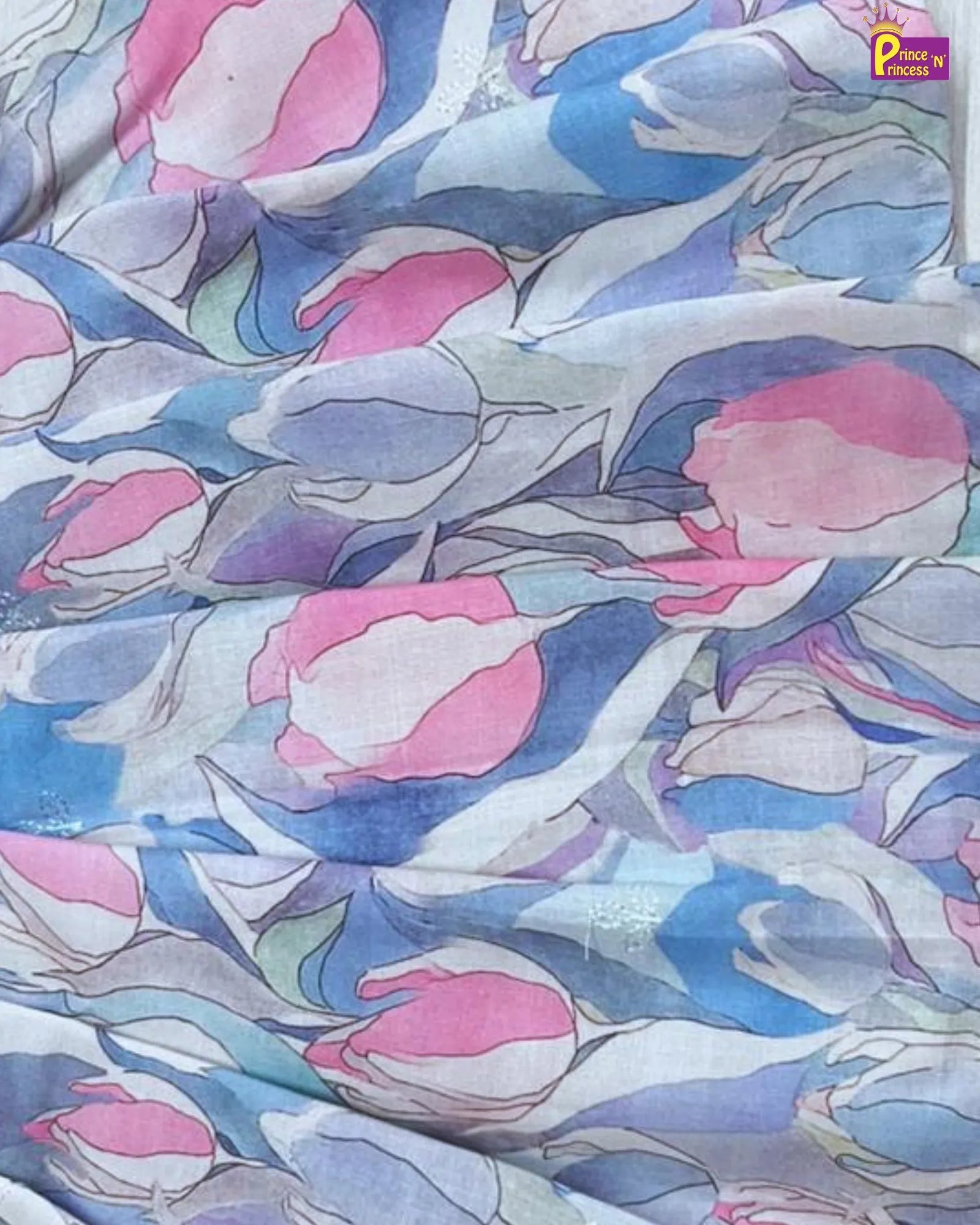 Floral patterned fabric with pink, blue, and white colors.