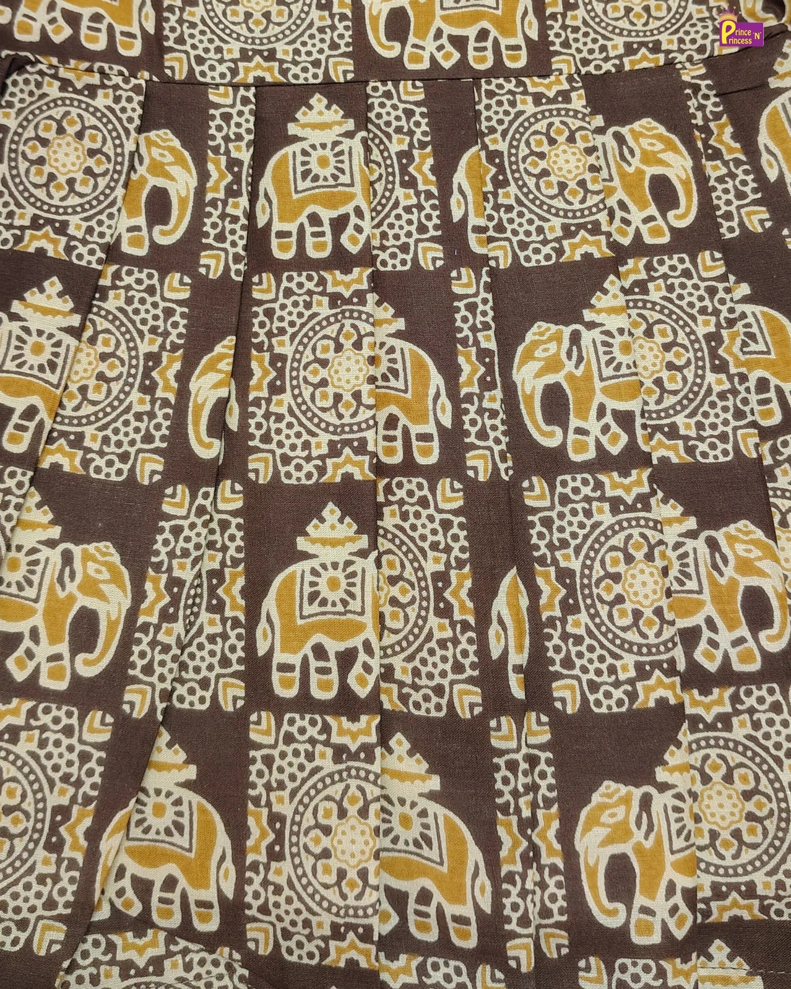 Brown fabric with elephant and circular pattern