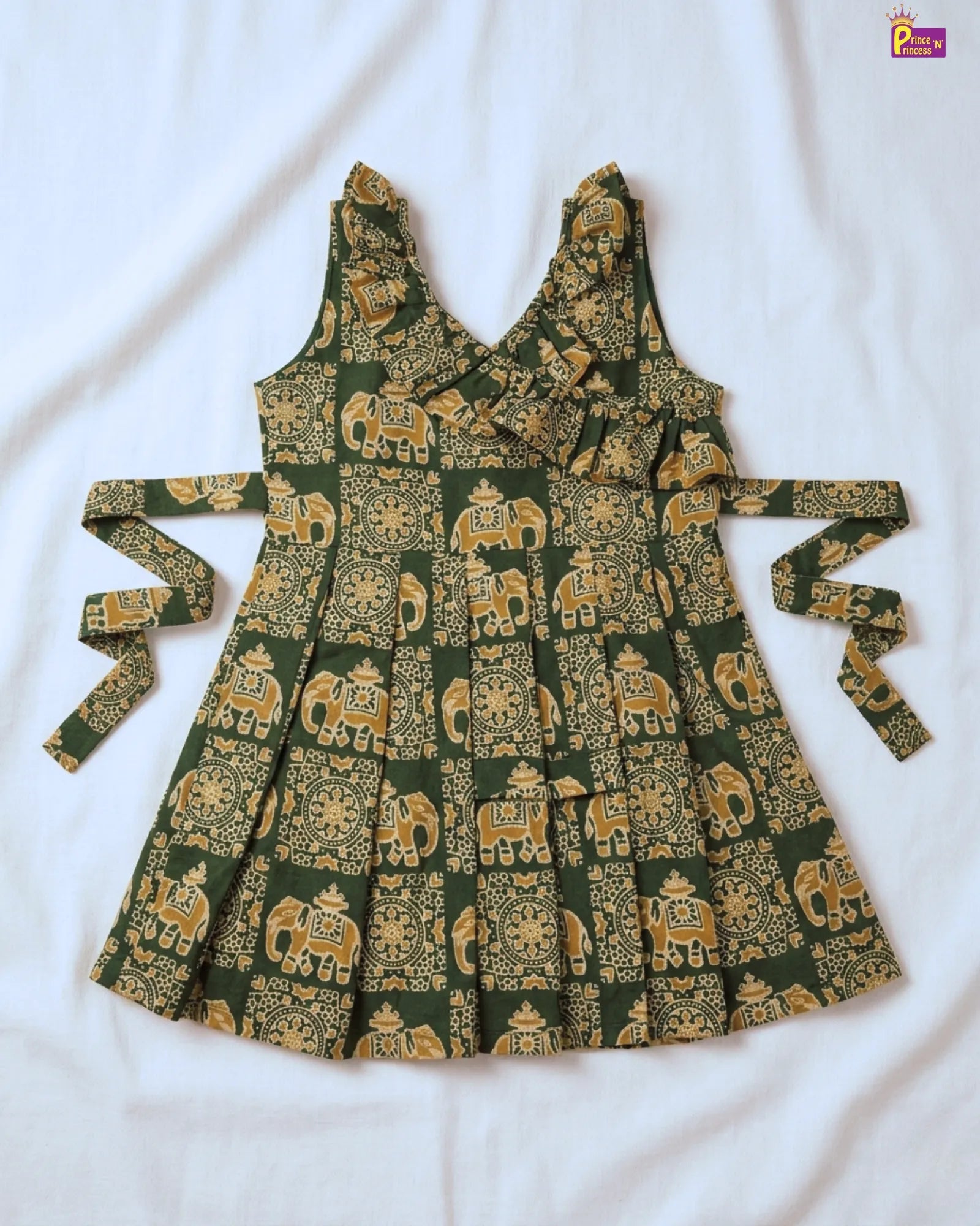 Summer Cotton Frock for Kids - Elephant Print | Green Handblock Style Dress CF413 for kids festival wear