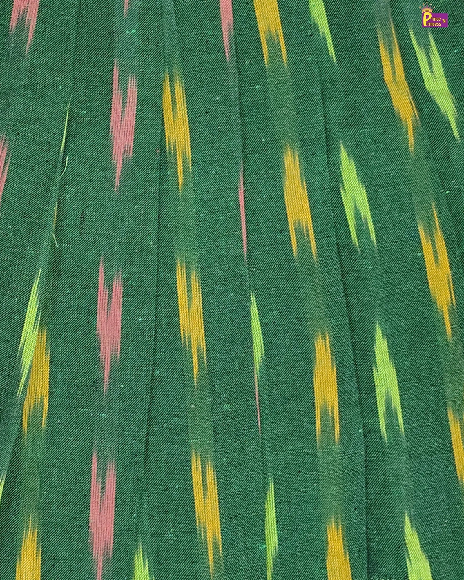 Green fabric with colorful abstract pattern