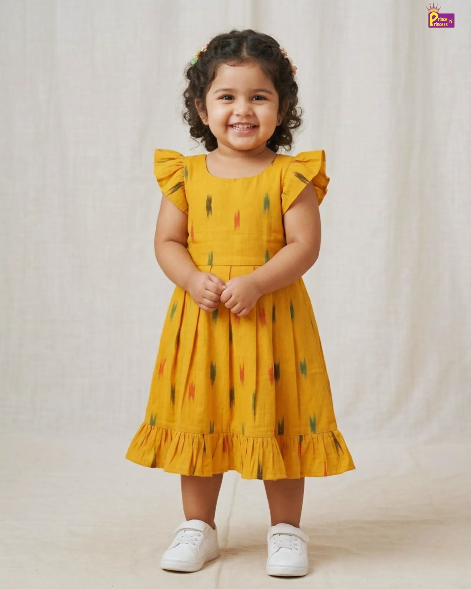 Summer Cotton Frock Yellow Ikat Print Kids Casual Wear Dress CF423 for kids festival wear