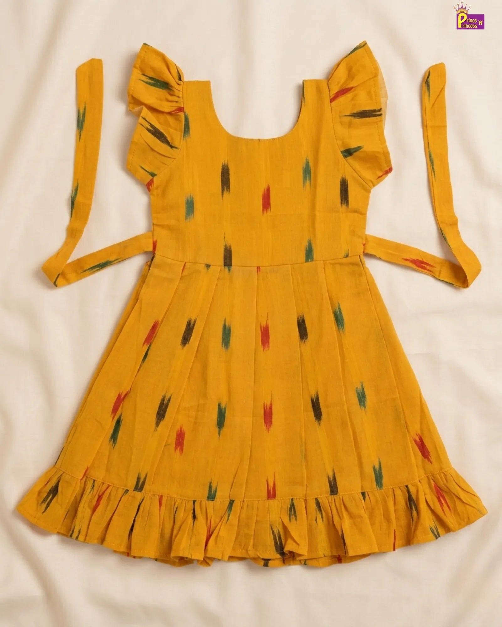 Summer Cotton Frock Yellow Ikat Print Kids Casual Wear Dress CF423 for kids festival wear