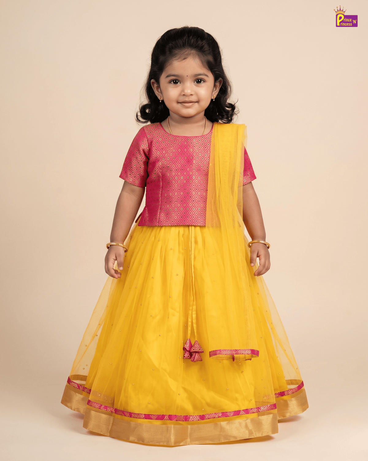 Sunshine Yellow & Pink Designer Lehenga Choli with Net Dupatta for Girls LC260 for kids festival wear