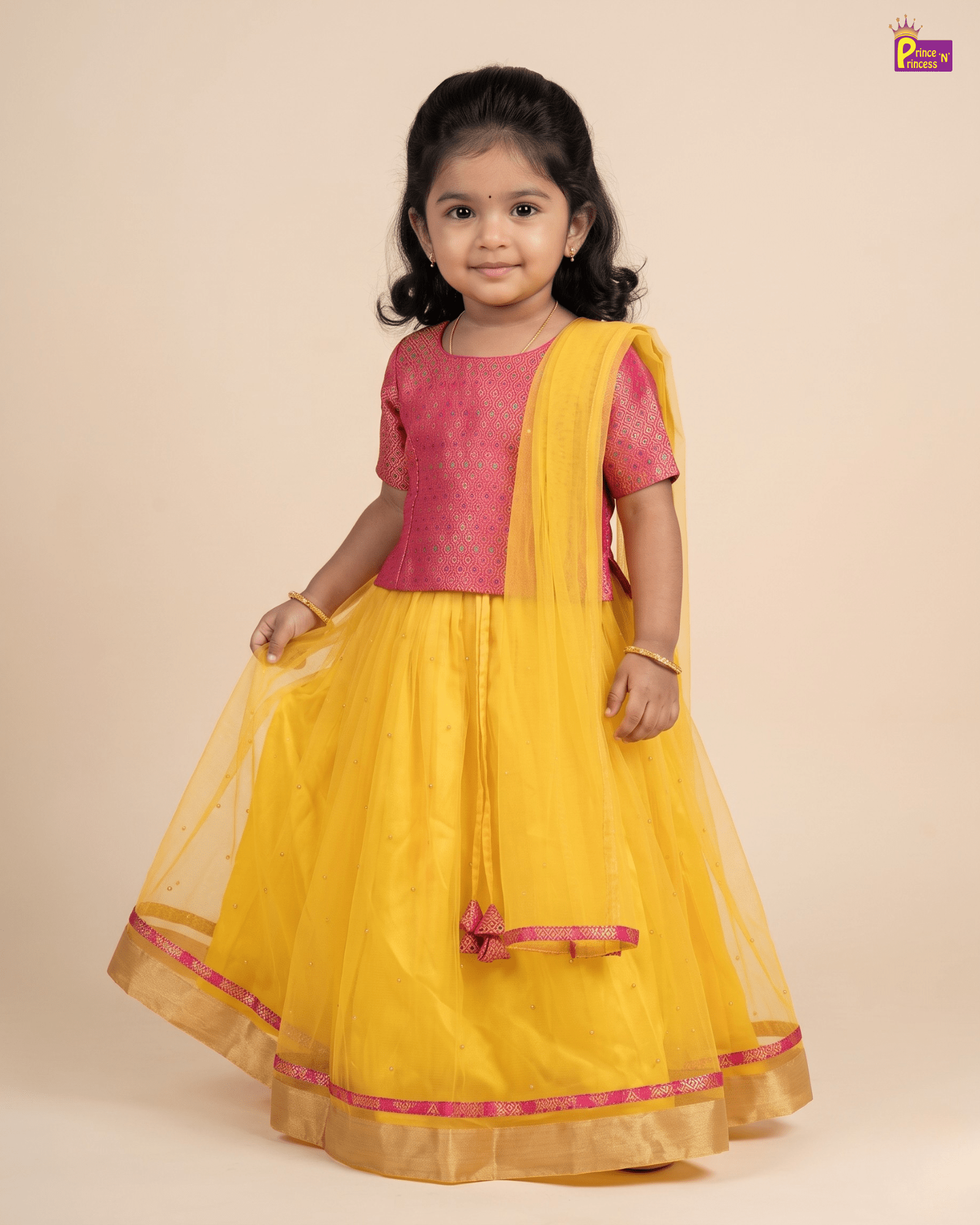Sunshine Yellow & Pink Designer Lehenga Choli with Net Dupatta for Girls LC260 for kids festival wear