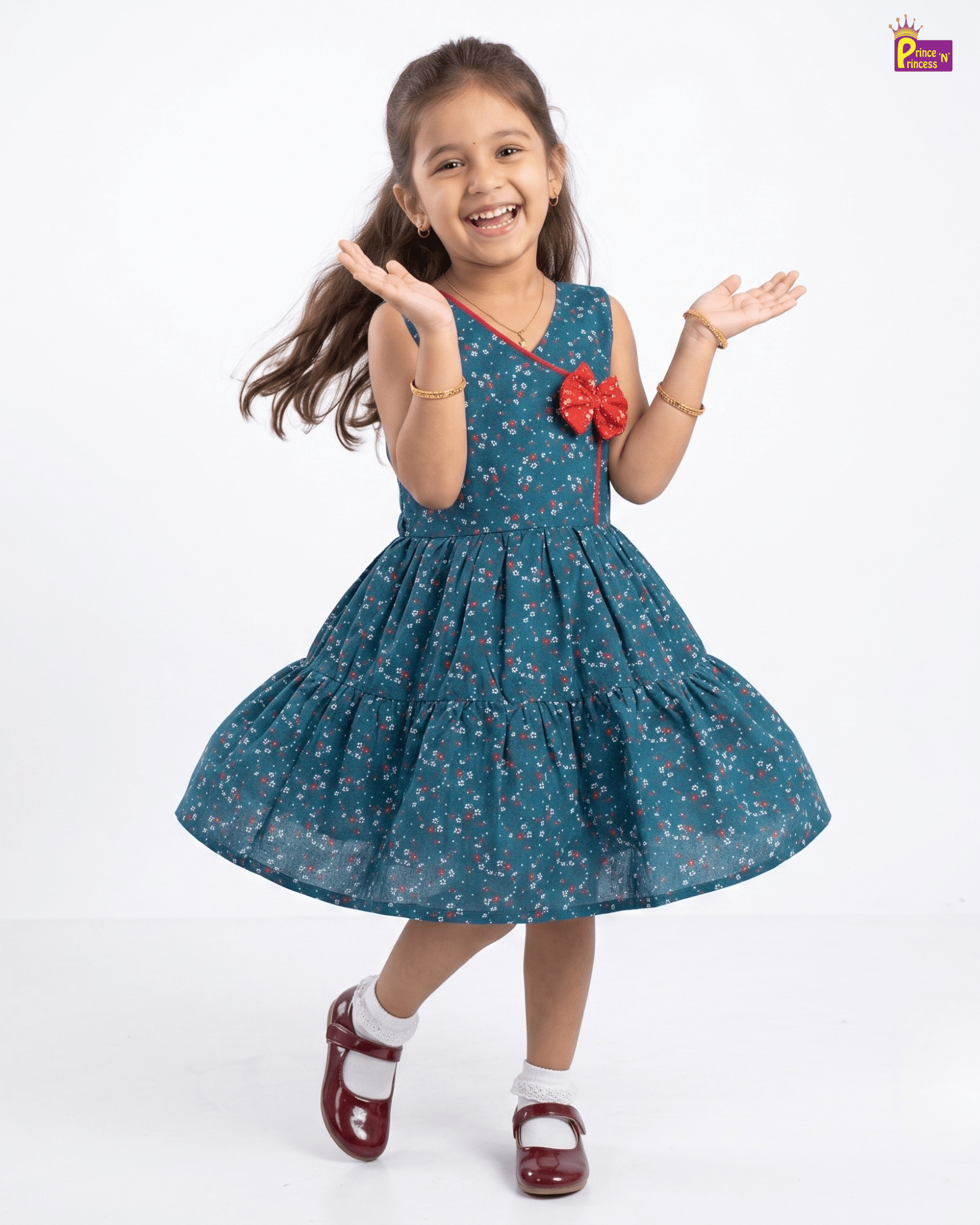 Teal Floral Print Cotton Frock for Girls | Wrap Neck Daily Wear Dress with Bow CF285 for kids festival wear
