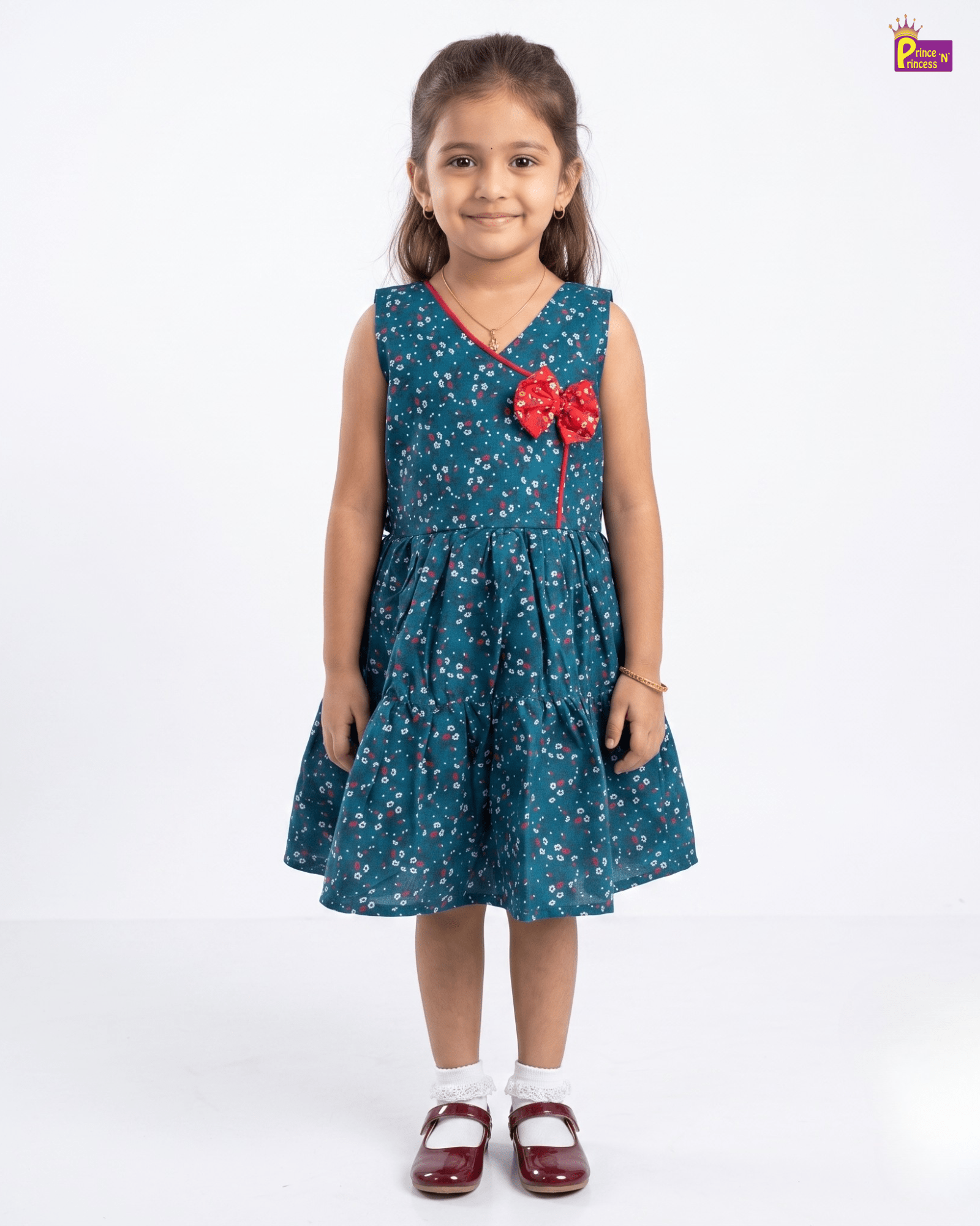 Teal Floral Print Cotton Frock for Girls | Wrap Neck Daily Wear Dress with Bow CF285 for kids festival wear
