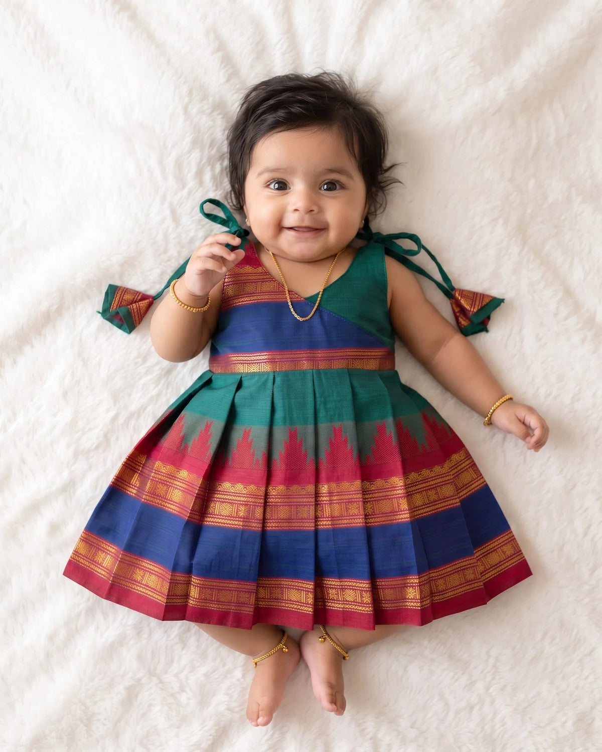 Teal Green Handloom Chettinad Cotton Newborn Frock - Baby Girl Dress LF2081 for kids festival wear