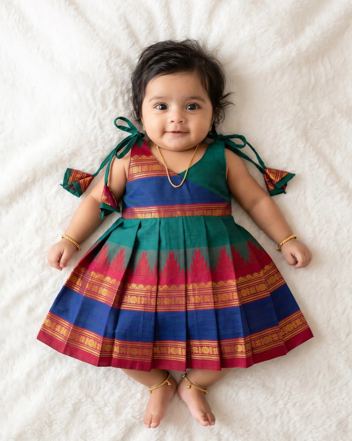 Teal Green Handloom Chettinad Cotton Newborn Frock - Baby Girl Dress LF2081 for kids festival wear