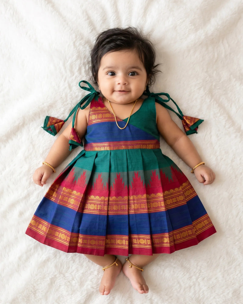 Teal Green Handloom Chettinad Cotton Newborn Frock - Baby Girl Dress LF2081 for kids festival wear
