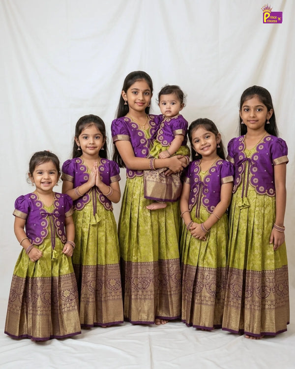 Baby Girl Purple & Lime Green Banarasi Pattu Gown - Aari Work Coat Pattu Gown Set for Kids PG697