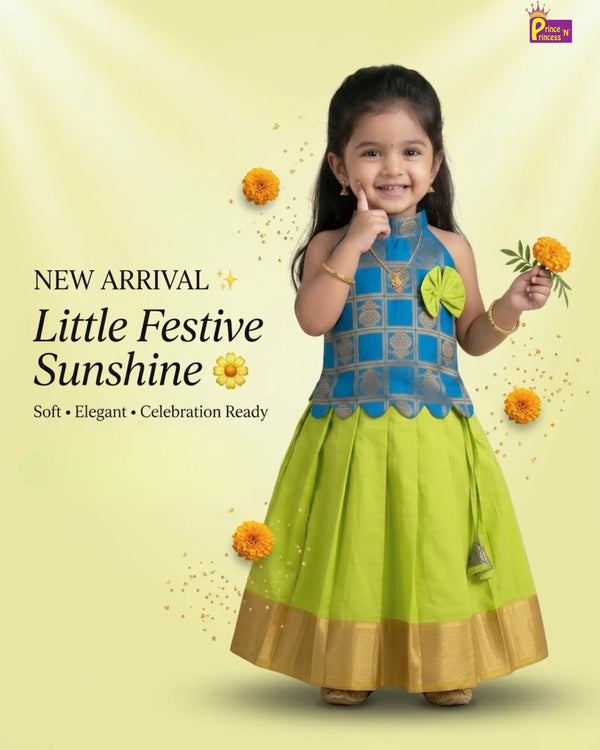 Designer Pattu Pavadai Blue Green Silk Kids Festive Wear PPP2055