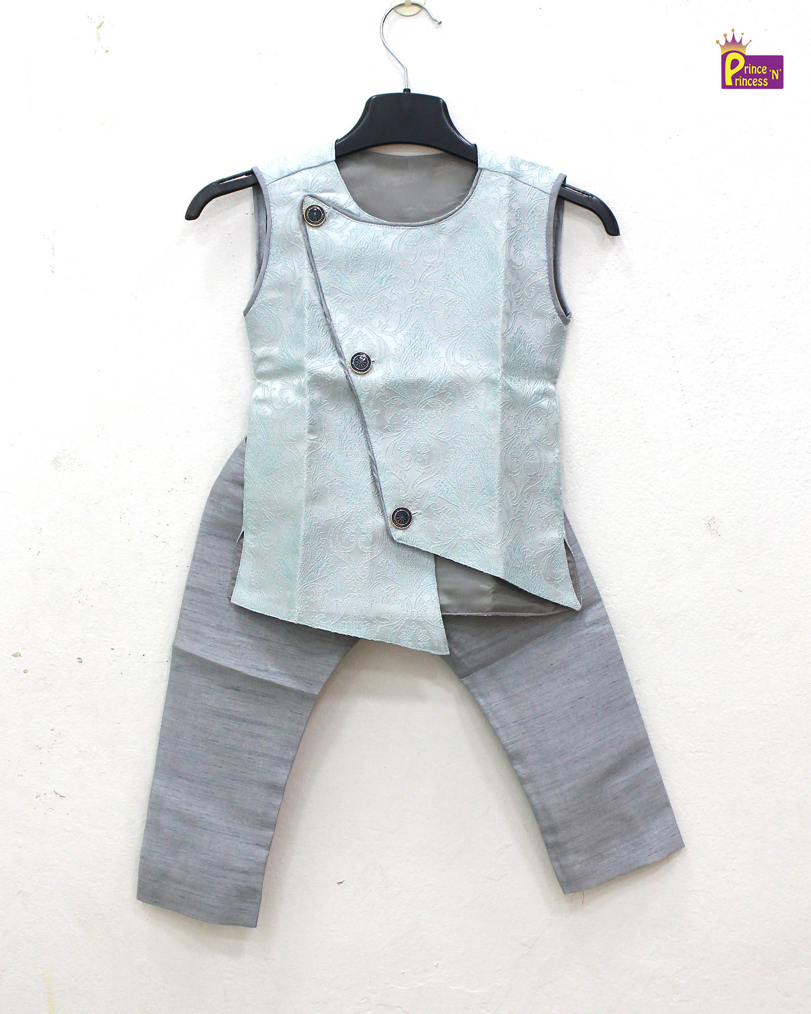 Toddler Boys Blue Sleeveless Silk Kurta Grey Pajama KP139 - Prince N Princess