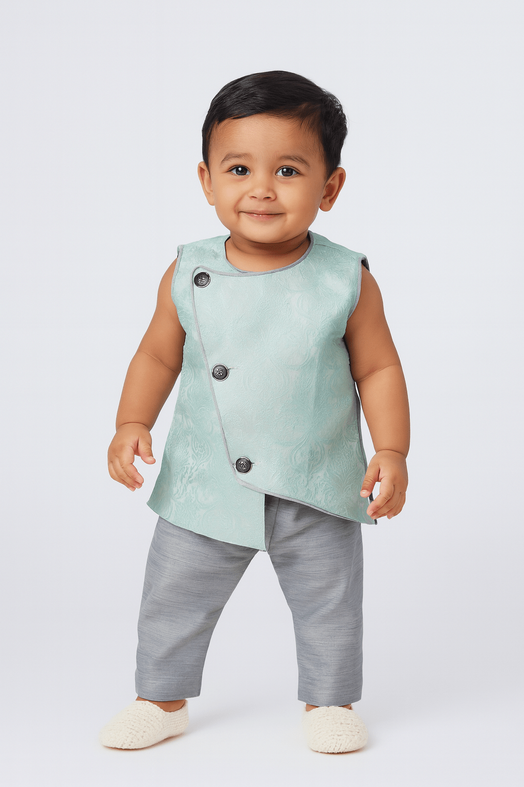 Toddler Boys Blue Sleeveless Silk Kurta Grey Pajama KP139 - Prince N Princess