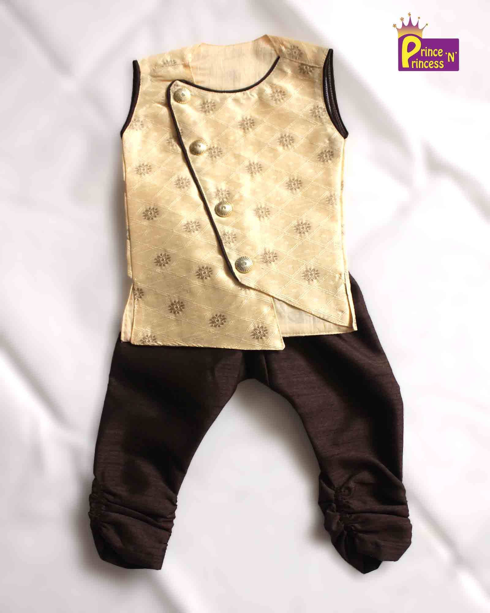 Toddler Boys Coffee Brown Sleeveless Silk Kurta Sandal Pajama KP125 - Prince N Princess