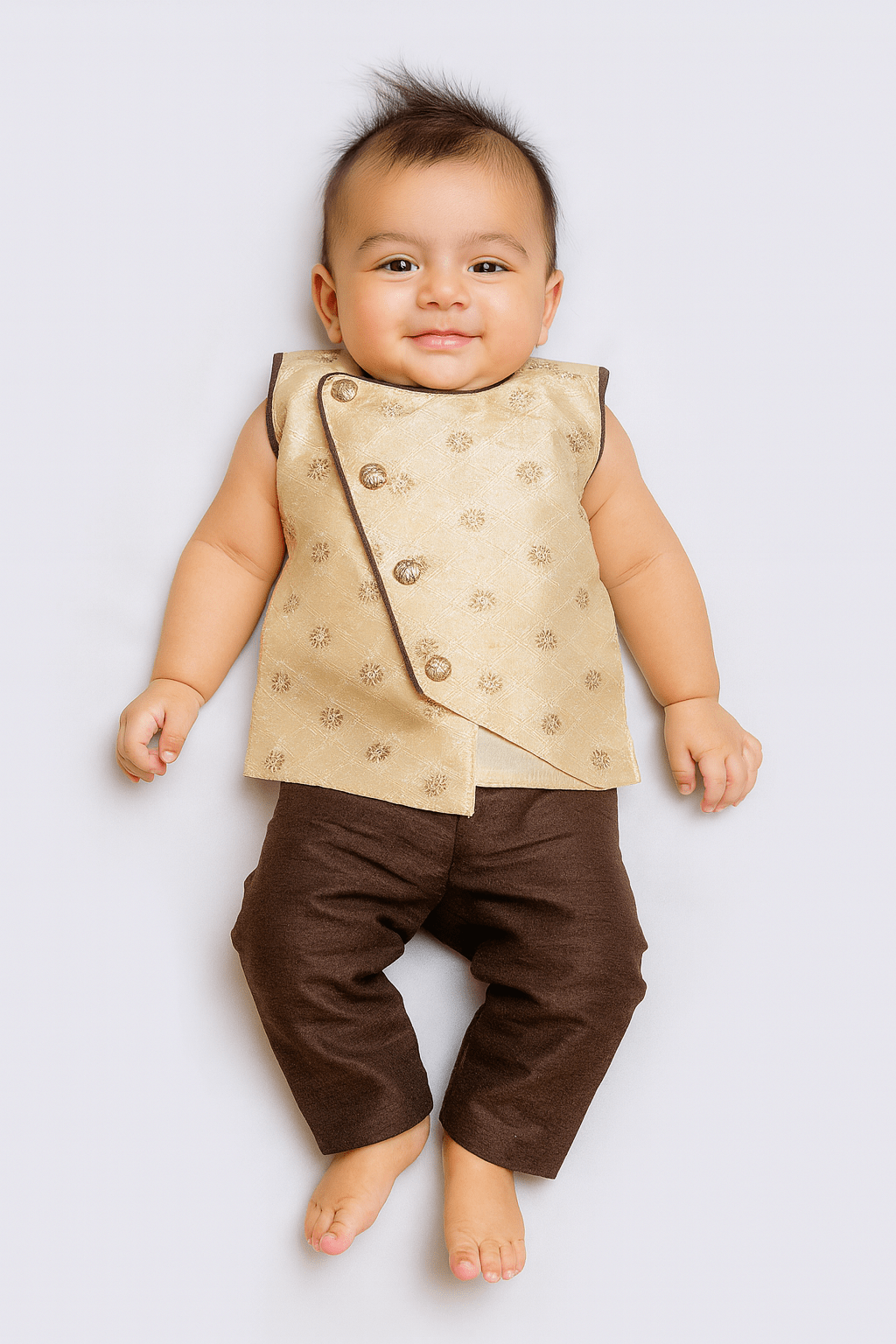 Toddler Boys Coffee Brown Sleeveless Silk Kurta Sandal Pajama KP125 - Prince N Princess