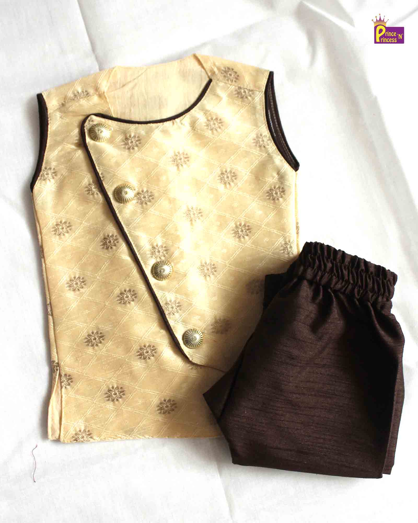 Toddler Boys Coffee Brown Sleeveless Silk Kurta Sandal Pajama KP125 - Prince N Princess
