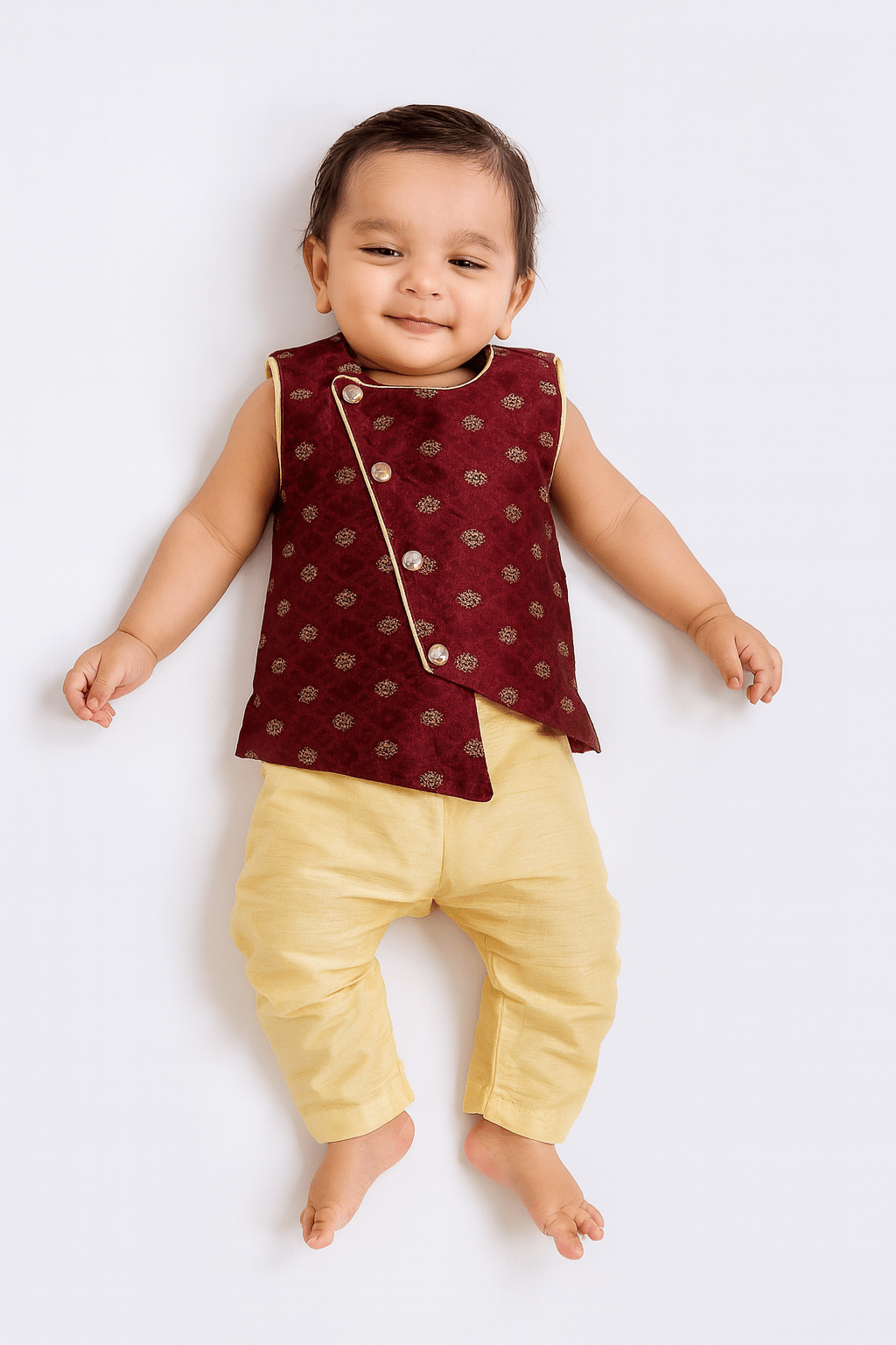 Toddler Boys Maroon Sandal Sleeveless Silk Kurta Pajama KP129 - Prince N Princess