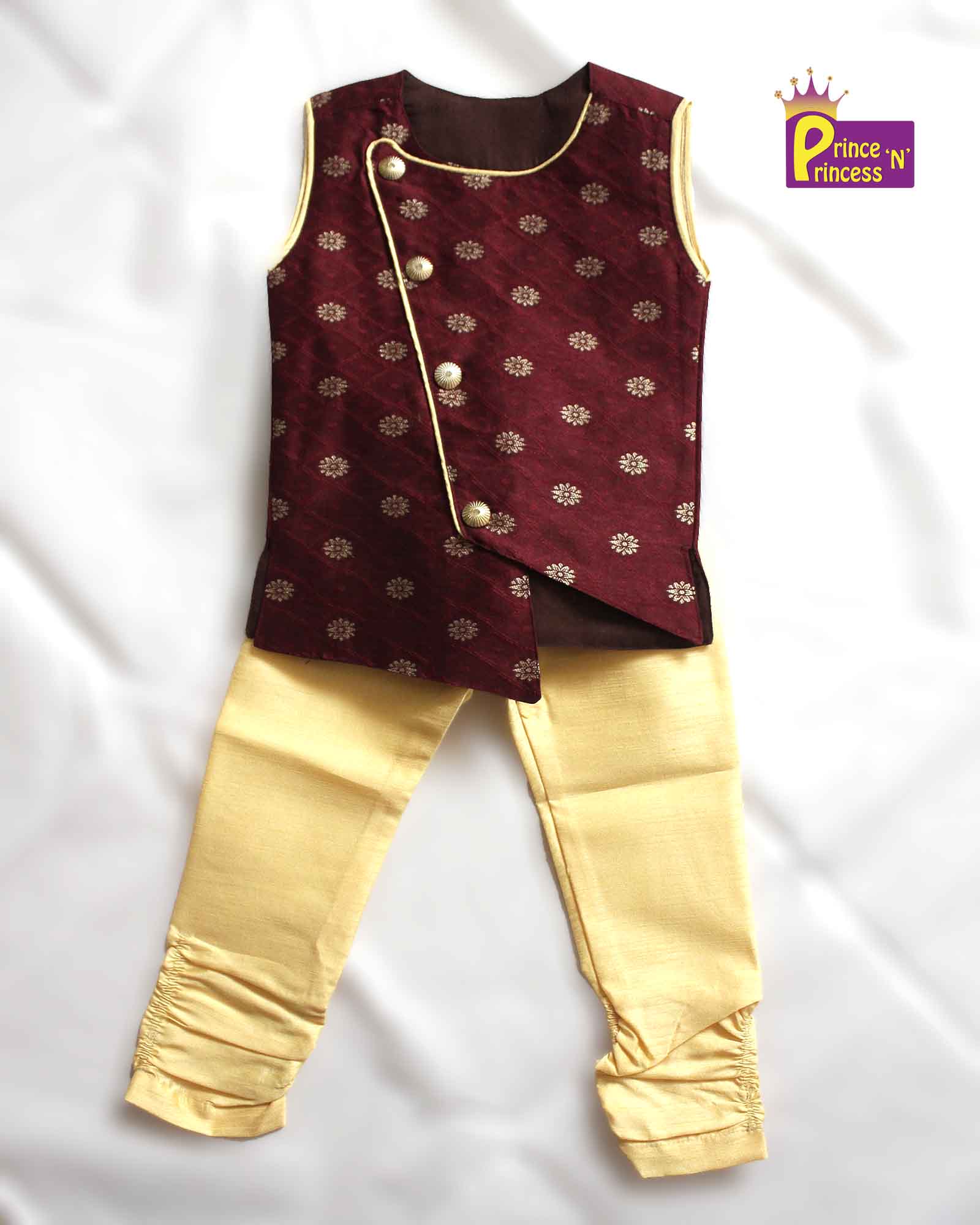 Toddler Boys Maroon Sandal Sleeveless Silk Kurta Pajama KP129 - Prince N Princess
