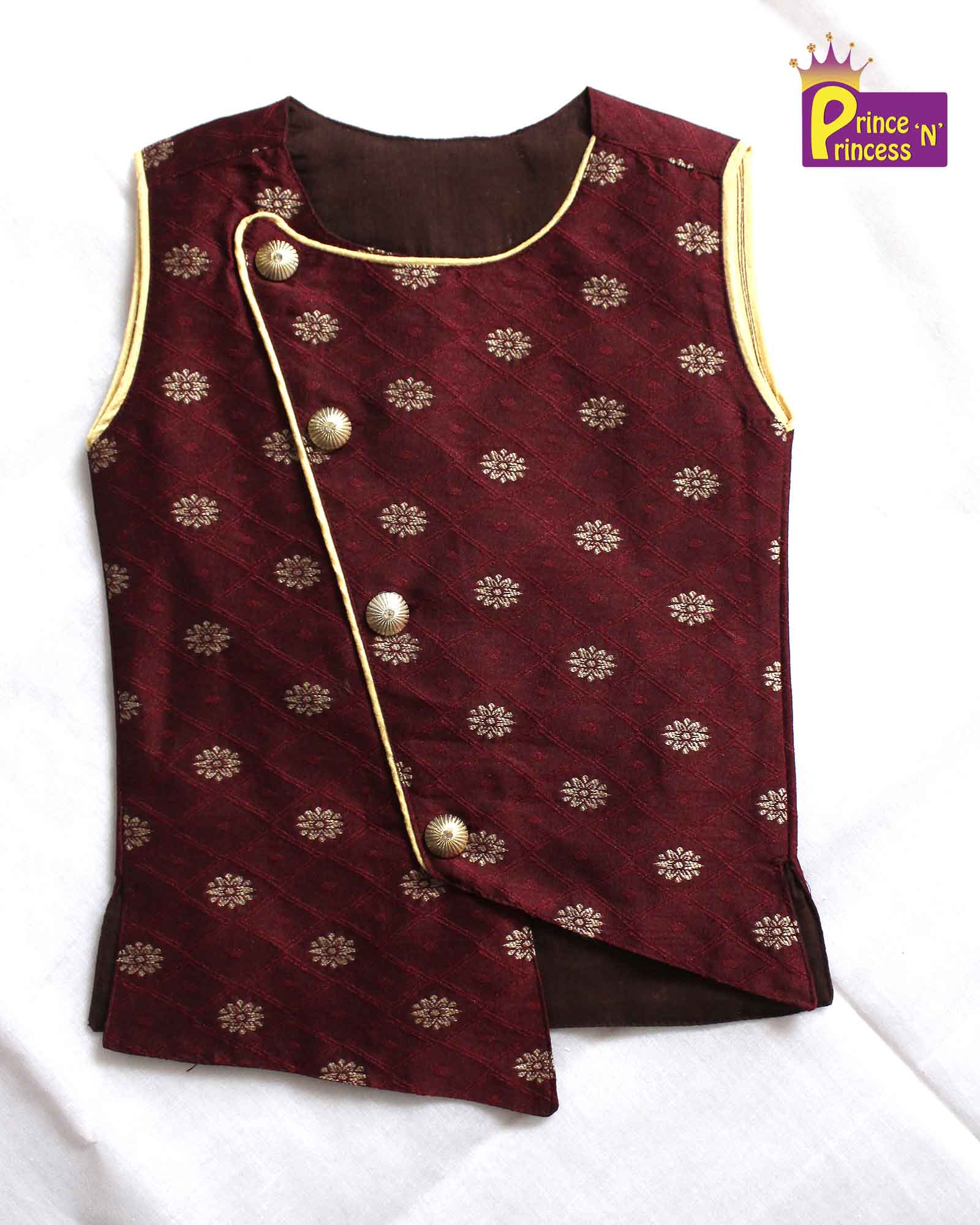Toddler Boys Maroon Sandal Sleeveless Silk Kurta Pajama KP129 - Prince N Princess