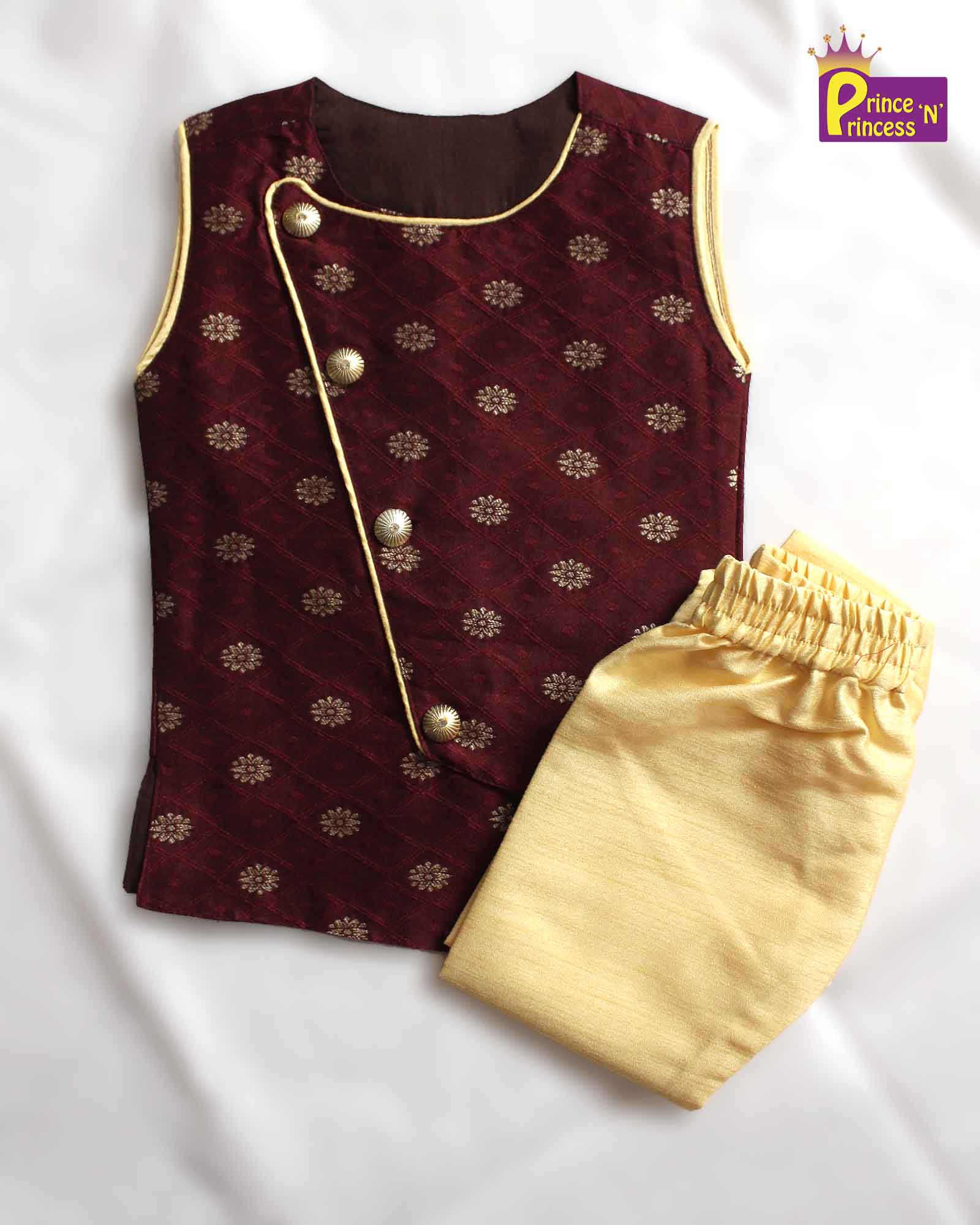 Toddler Boys Maroon Sandal Sleeveless Silk Kurta Pajama KP129 - Prince N Princess