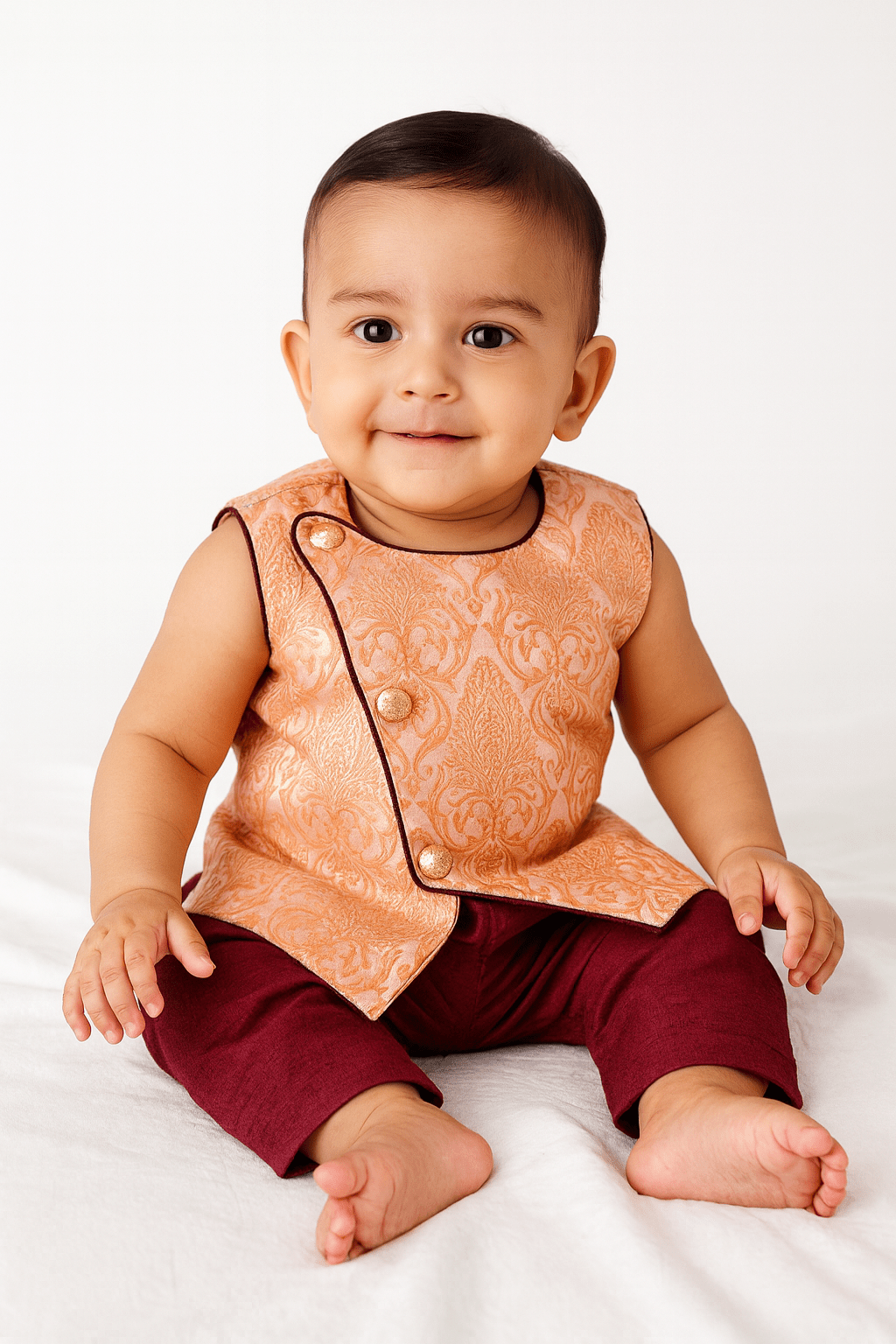 Toddler Boys Orange Sleeveless Silk Kurta Whine Pajama KP140 - Prince N Princess