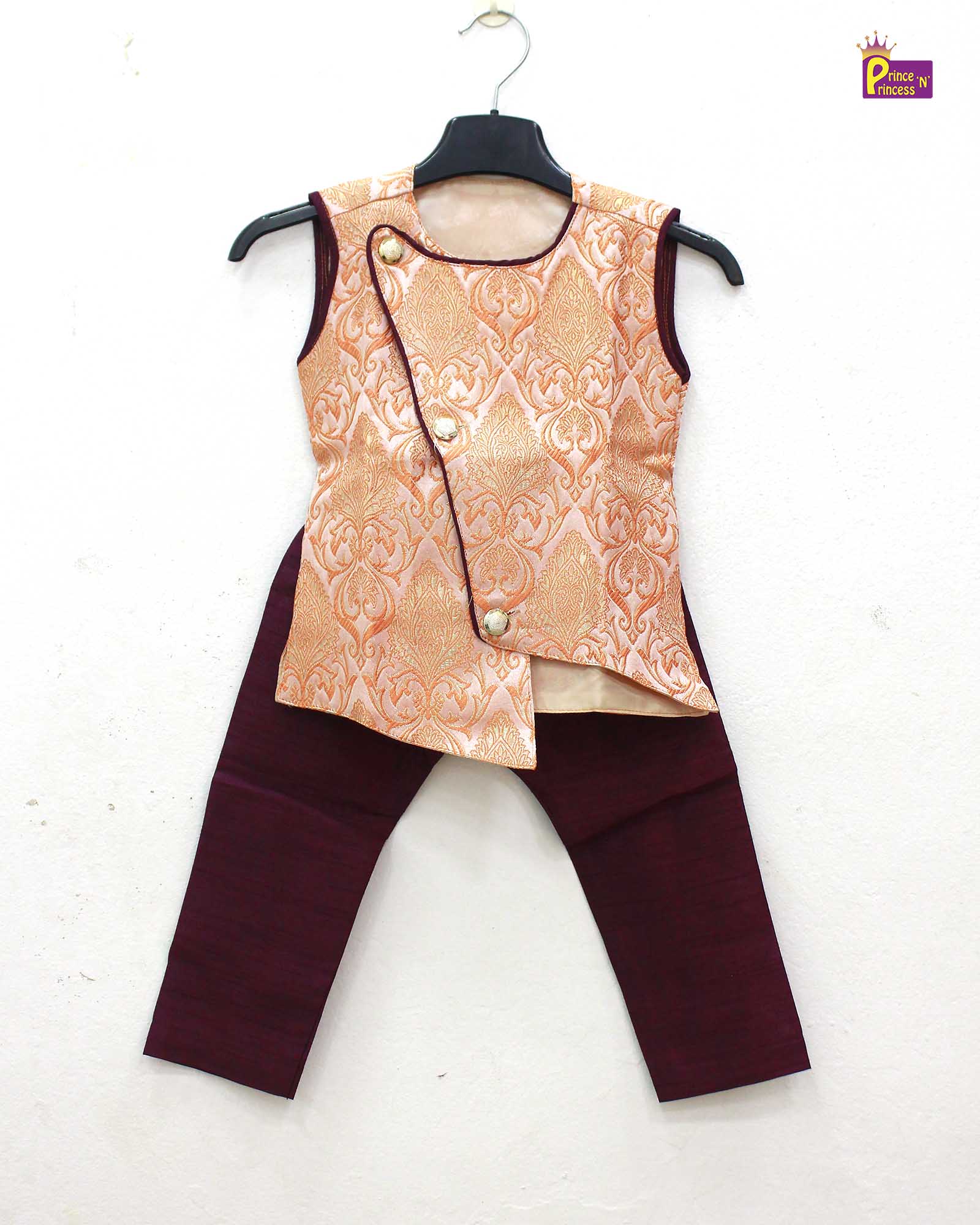 Toddler Boys Orange Sleeveless Silk Kurta Whine Pajama KP140 - Prince N Princess