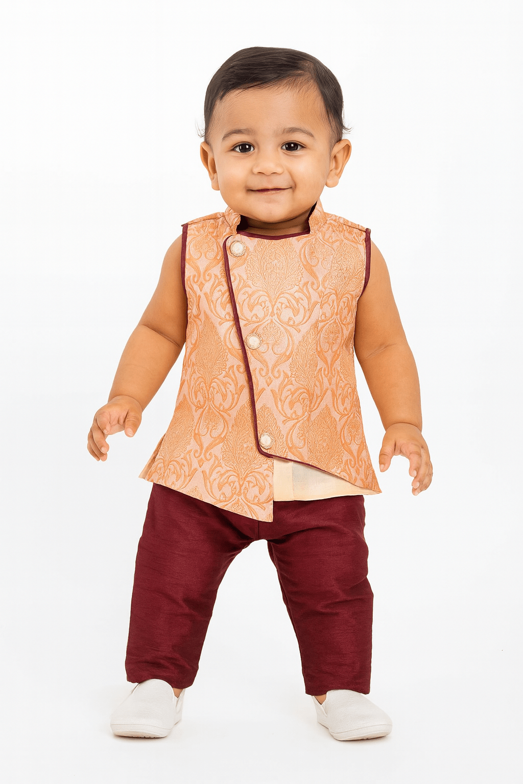 Toddler Boys Orange Sleeveless Silk Kurta Whine Pajama KP140 - Prince N Princess