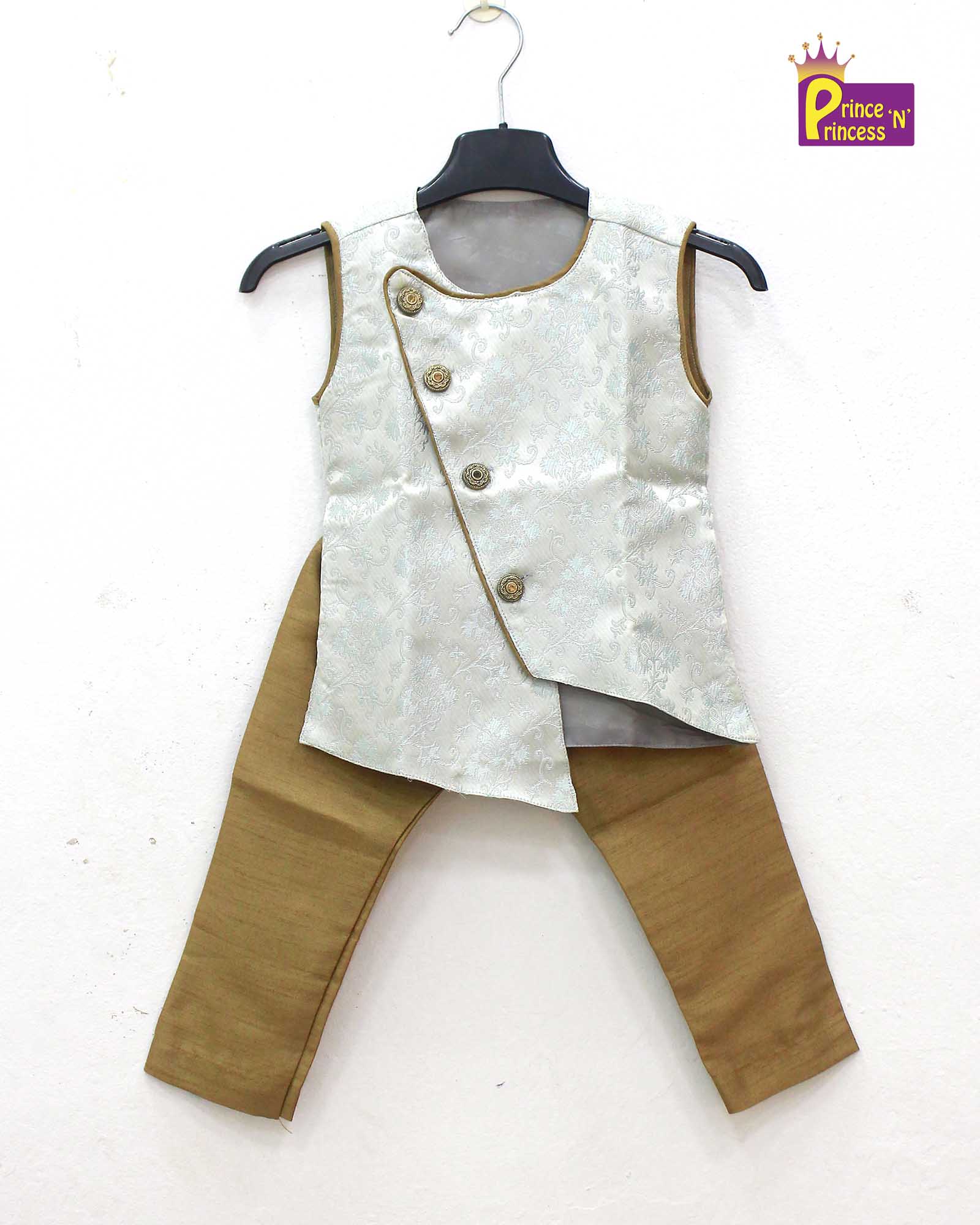 Toddler Boys Silver Sleeveless Silk Kurta Sandal Pajama KP138 - Prince N Princess