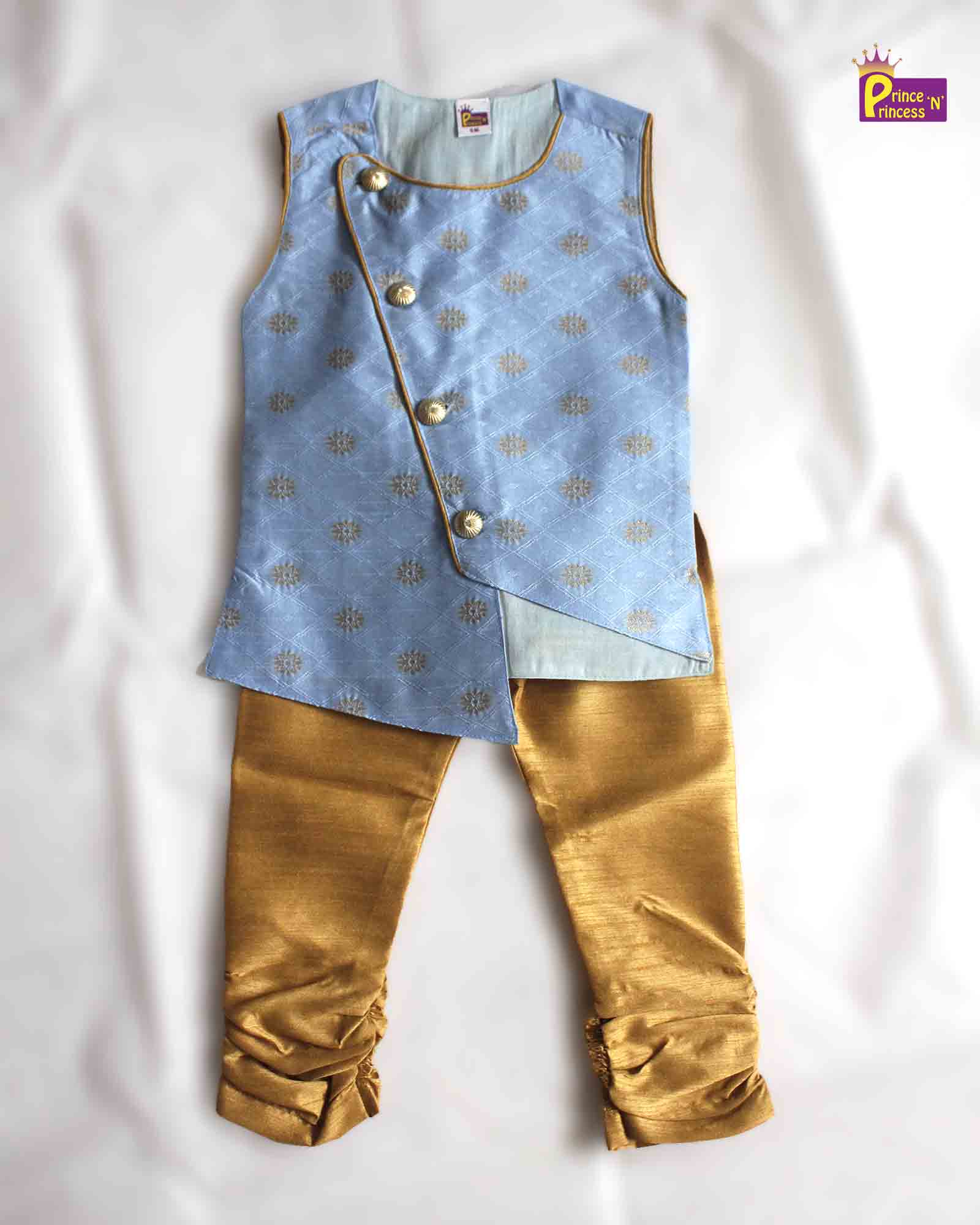 Toddler Boys Sky Blue Sleeveless Silk Kurta Sandal Pajama KP130 - Prince N Princess