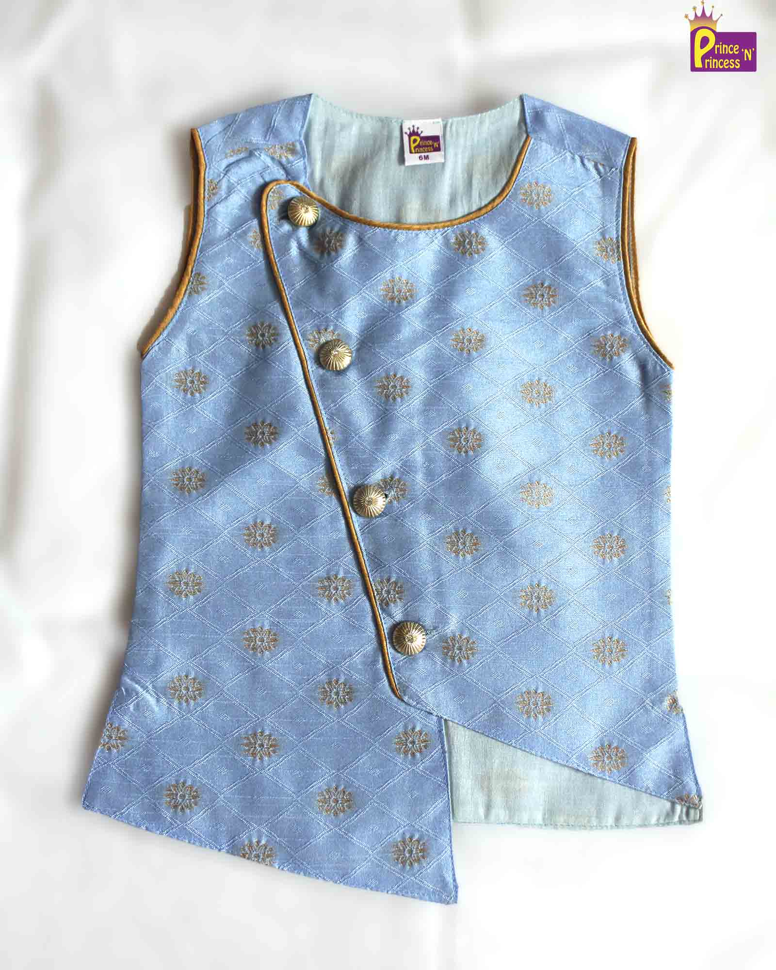 Toddler Boys Sky Blue Sleeveless Silk Kurta Sandal Pajama KP130 - Prince N Princess