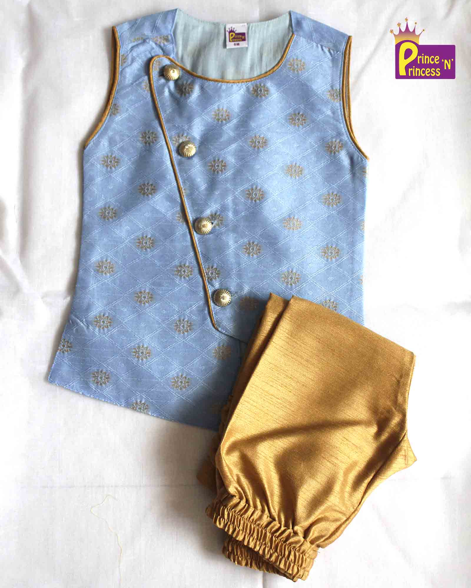 Toddler Boys Sky Blue Sleeveless Silk Kurta Sandal Pajama KP130 - Prince N Princess
