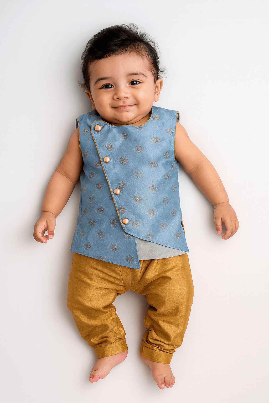 Toddler Boys Sky Blue Sleeveless Silk Kurta Sandal Pajama KP130 - Prince N Princess
