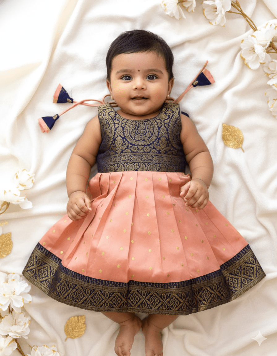 Toddlers Dark Blue & Peach Silk Pattu Frock LF1446 - Prince N Princess