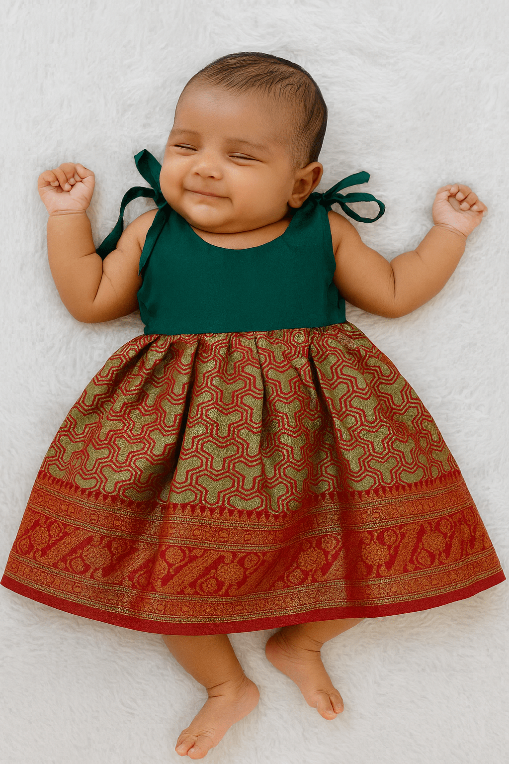 Toddlers Green & Brown Raw Silk Pattu Frock LF1433 - Prince N Princess