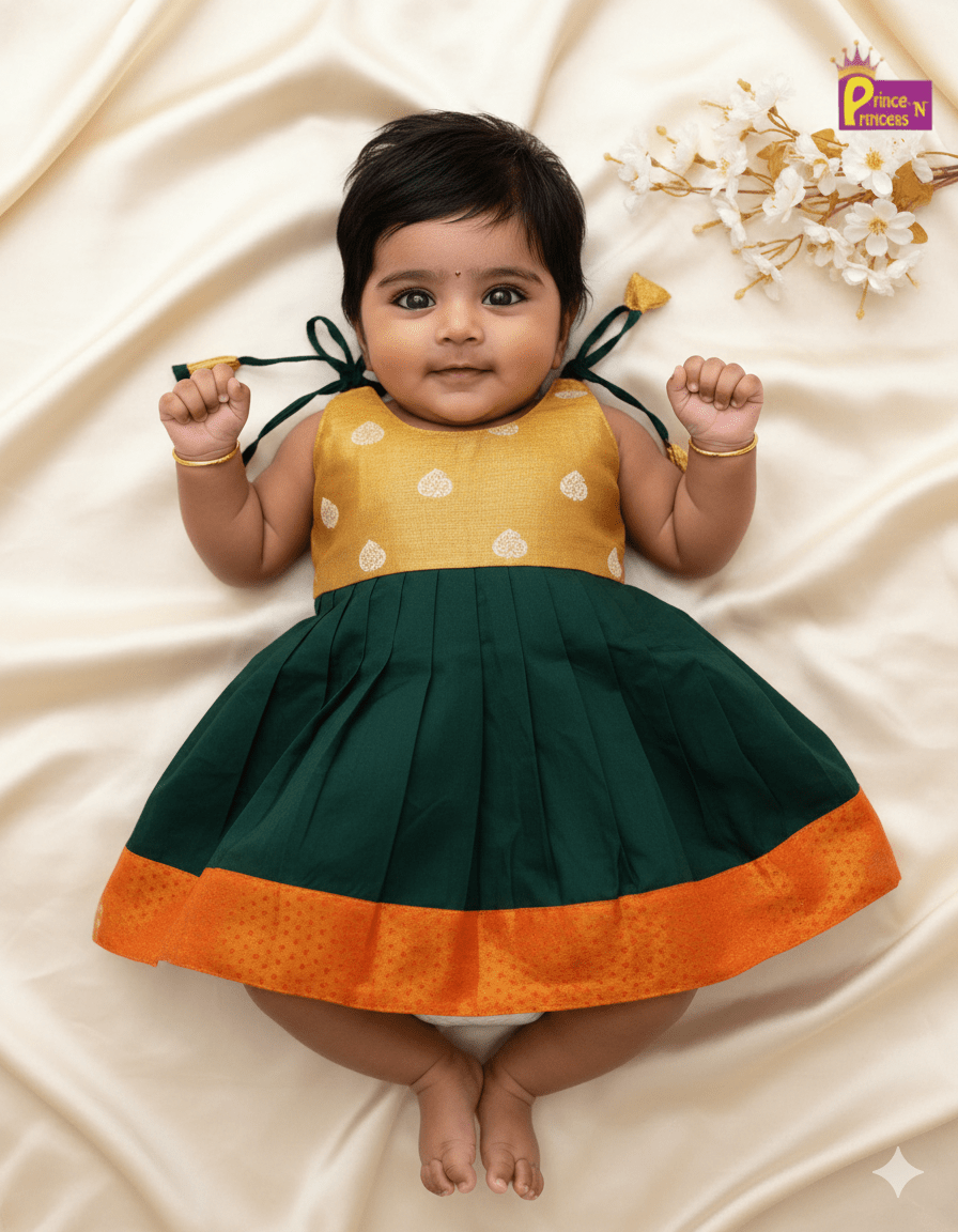 orange green tissue silk knee frock kids traditional festival wear princenprincess