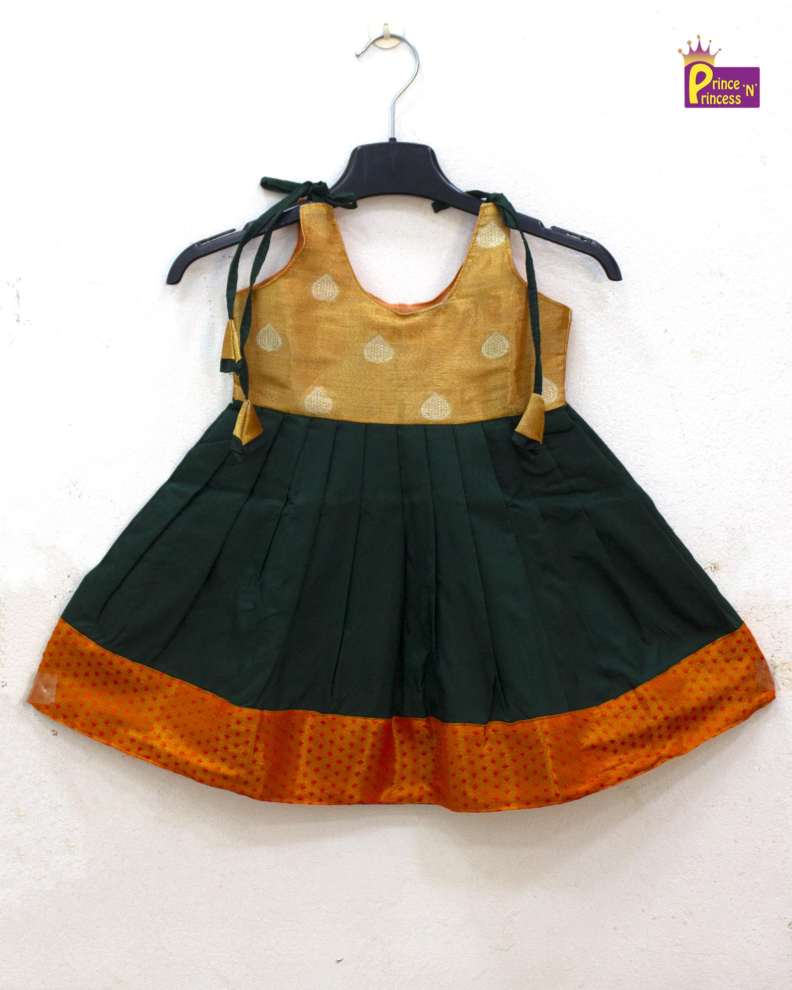 orange green tissue silk knee frock kids traditional festival wear princenprincess