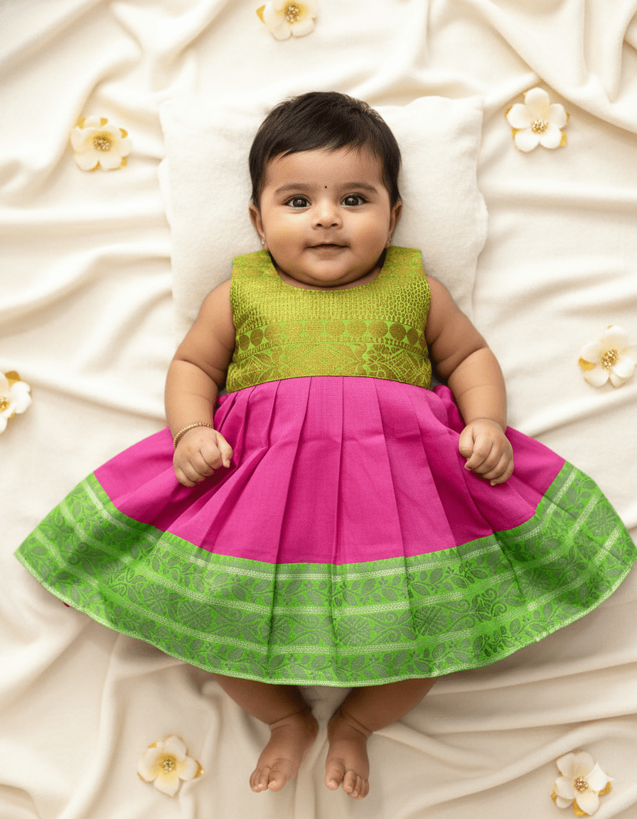 Toddlers Green & Pink Silk Pattu Frock LF1443 - Prince N Princess