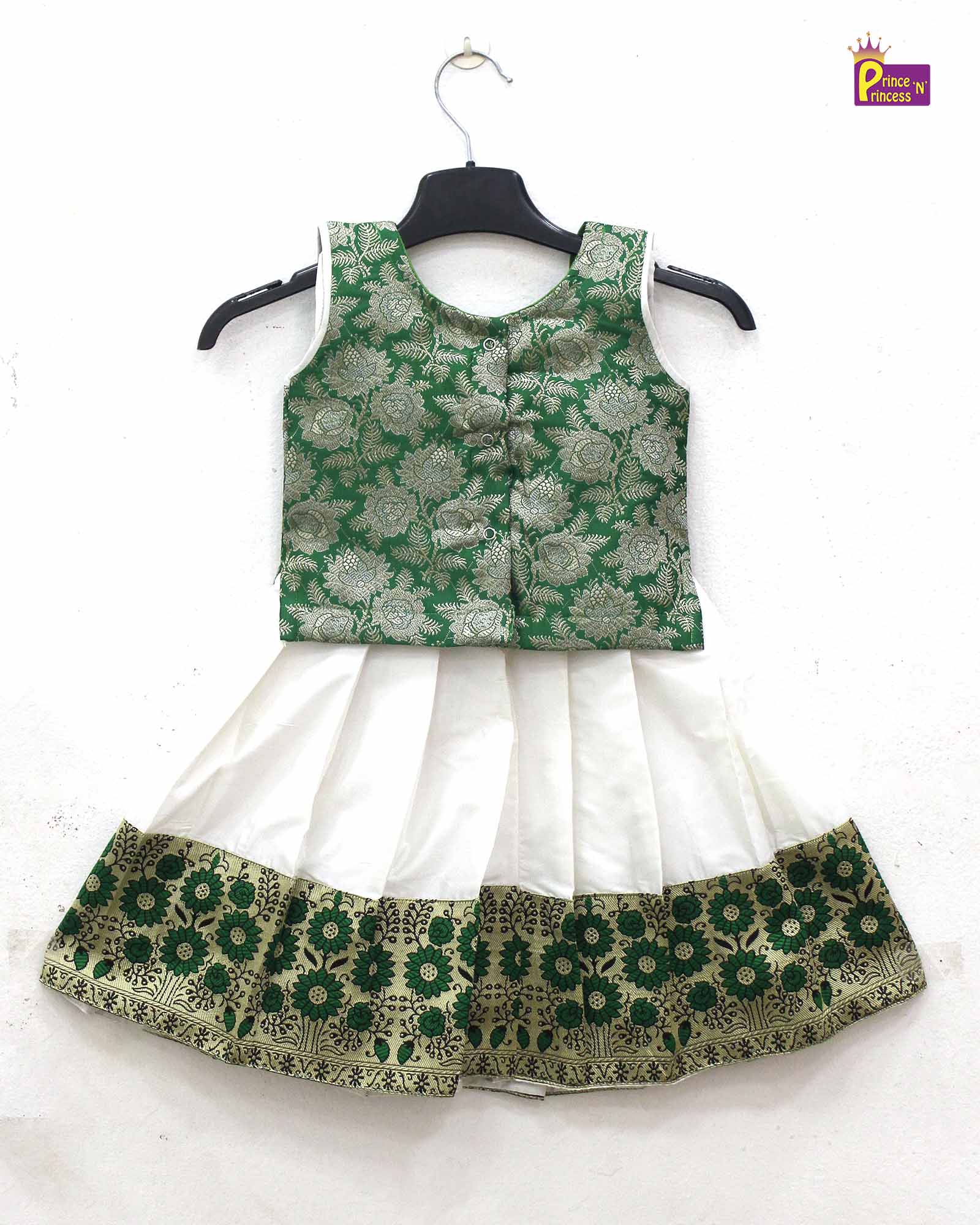 Toddlers Green White Pattu Pavadai PPP1774 - Prince N Princess