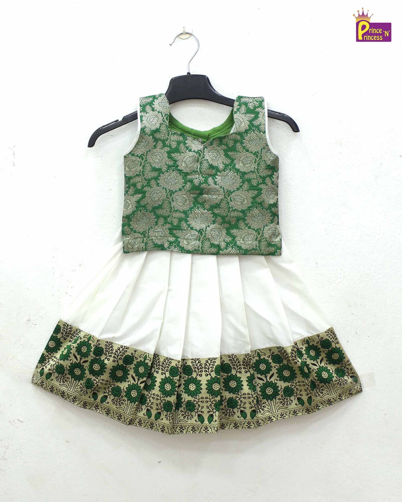 Toddlers Green White Pattu Pavadai PPP1774 - Prince N Princess